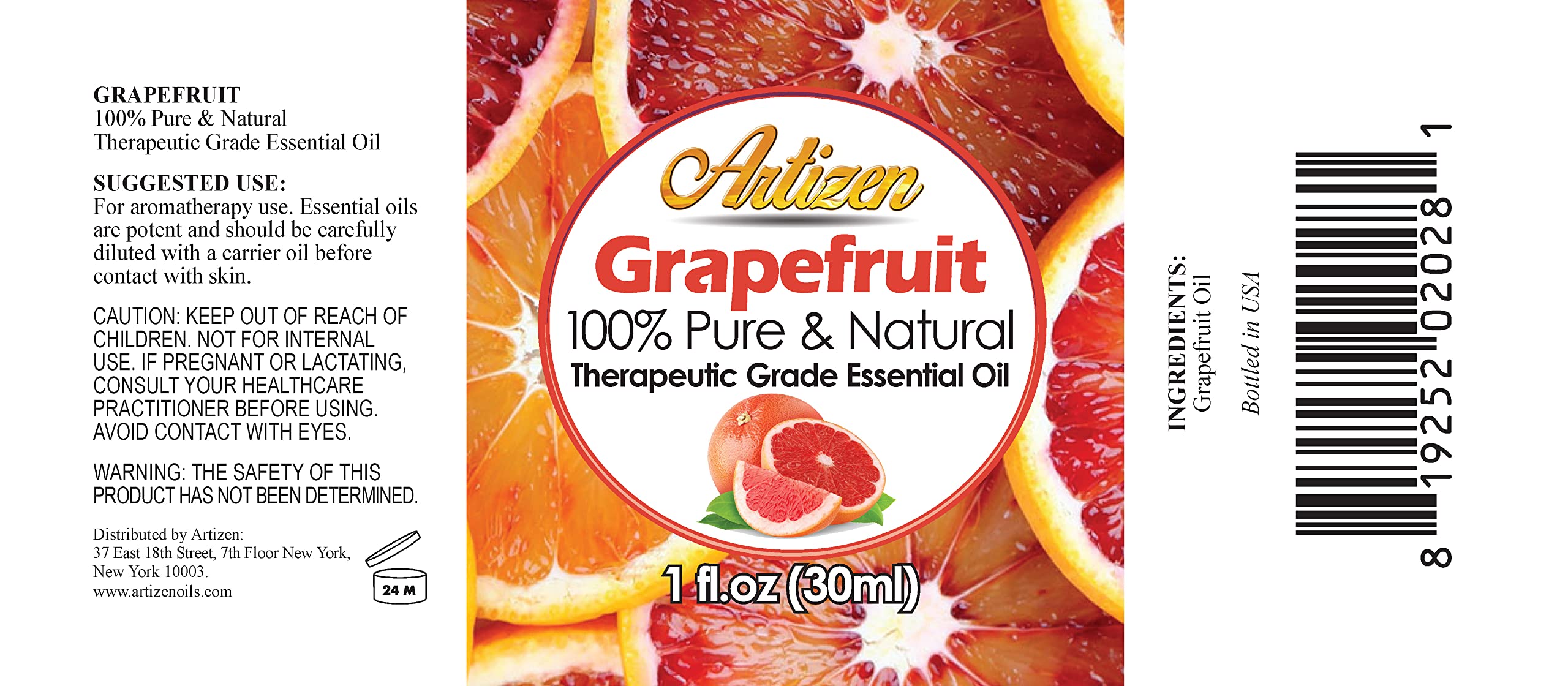 Aceite esencial pomelo Artizen, frasco de vidrio con protección de la luz para conservar aroma.