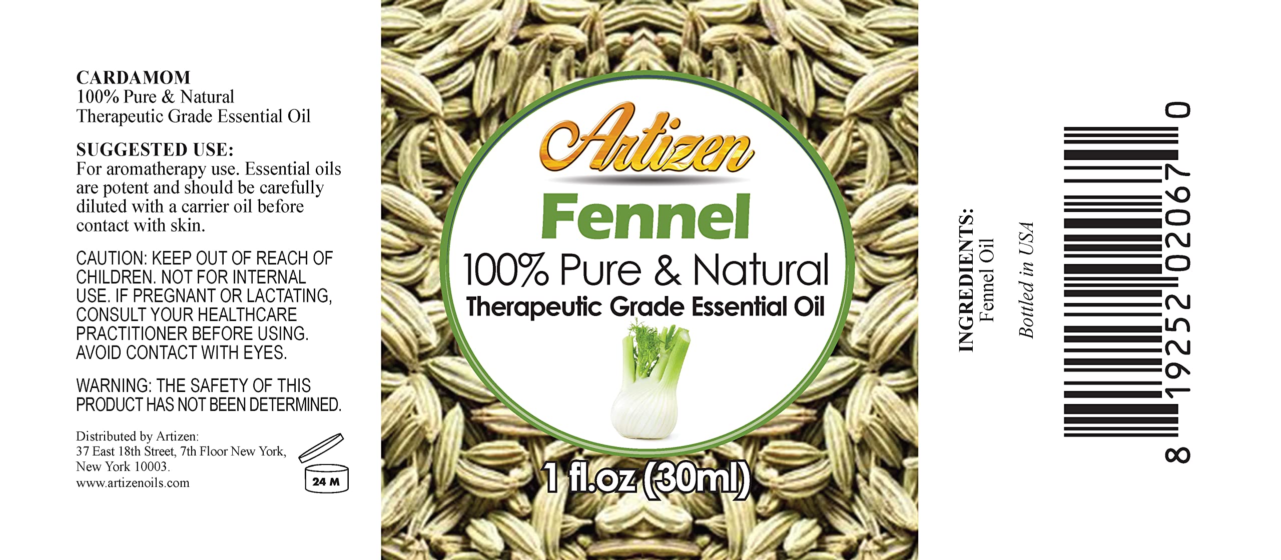 Artizen Aceite de hinojo 30ml, etiqueta cercana, pureza y concentración para usos aromáticos.