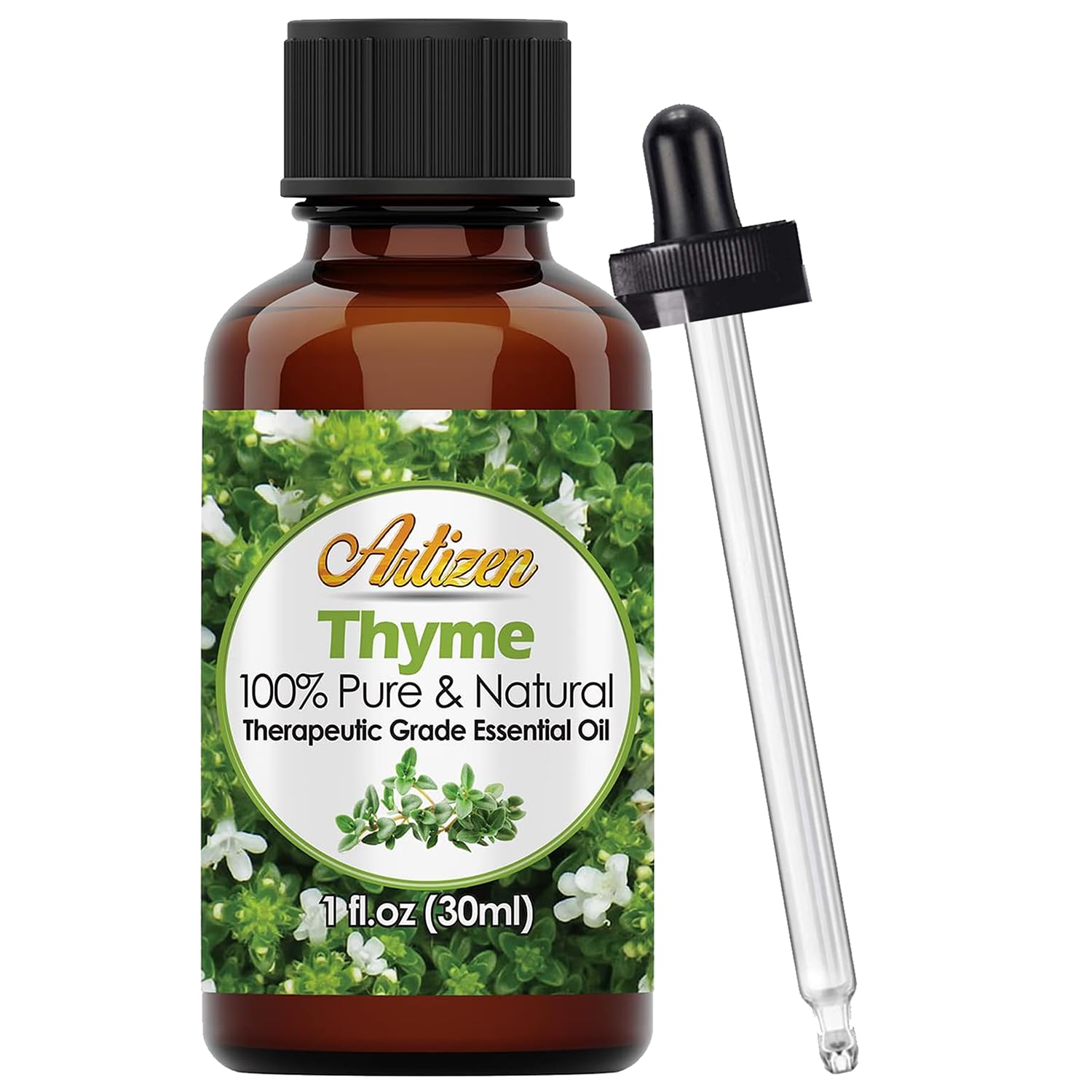 Aceite de tomillo Artizen en botella con gotero para aromaterapia.
