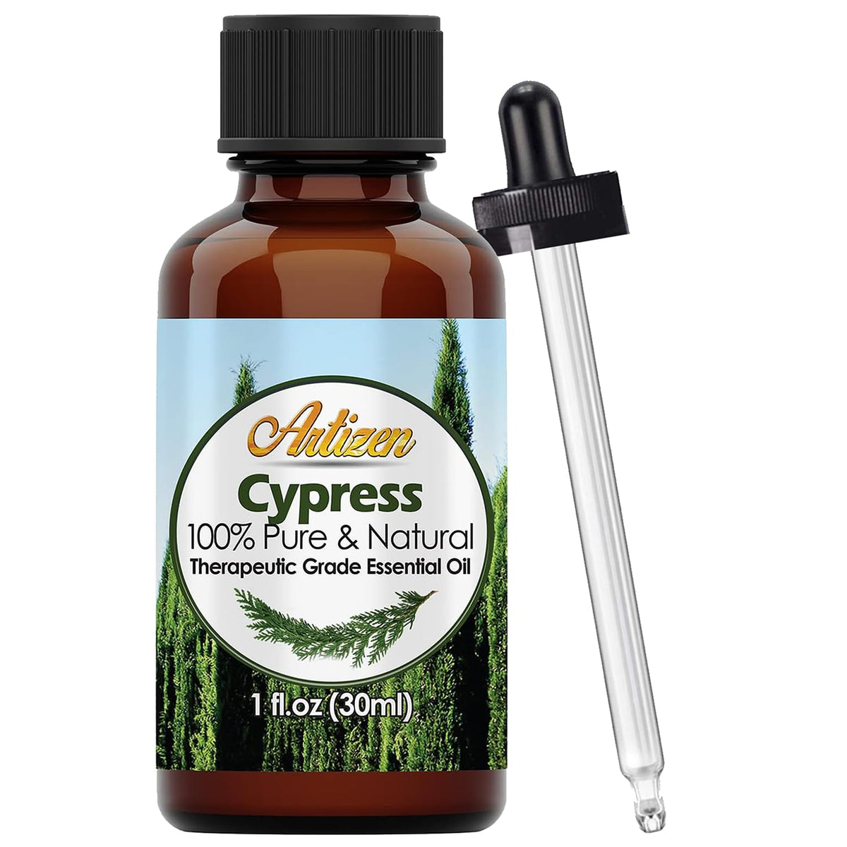 Artizen ciprés aceite esencial en botella, aroma fresco para relajación diaria.