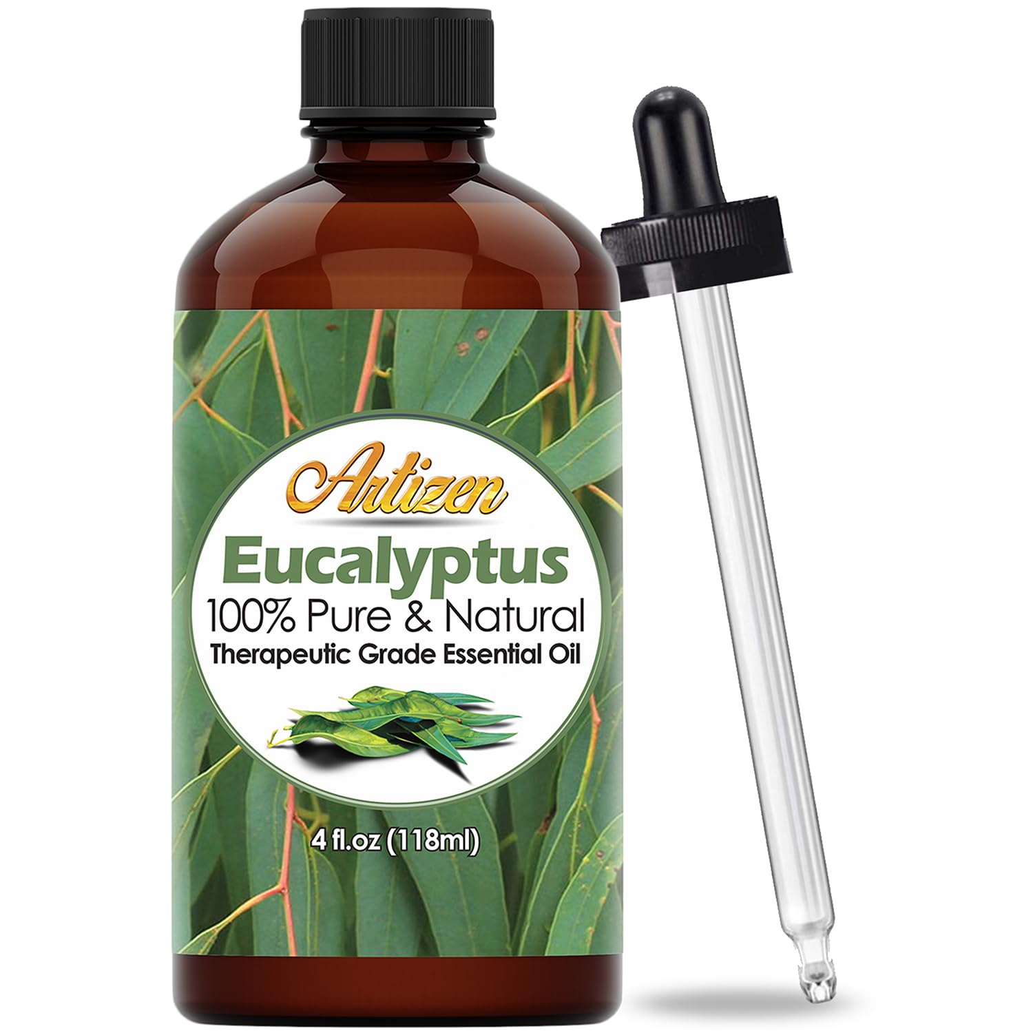 Aceite Esencial de Eucalipto Artizen en botella de 4 onzas para difusores y fragancias frescas.