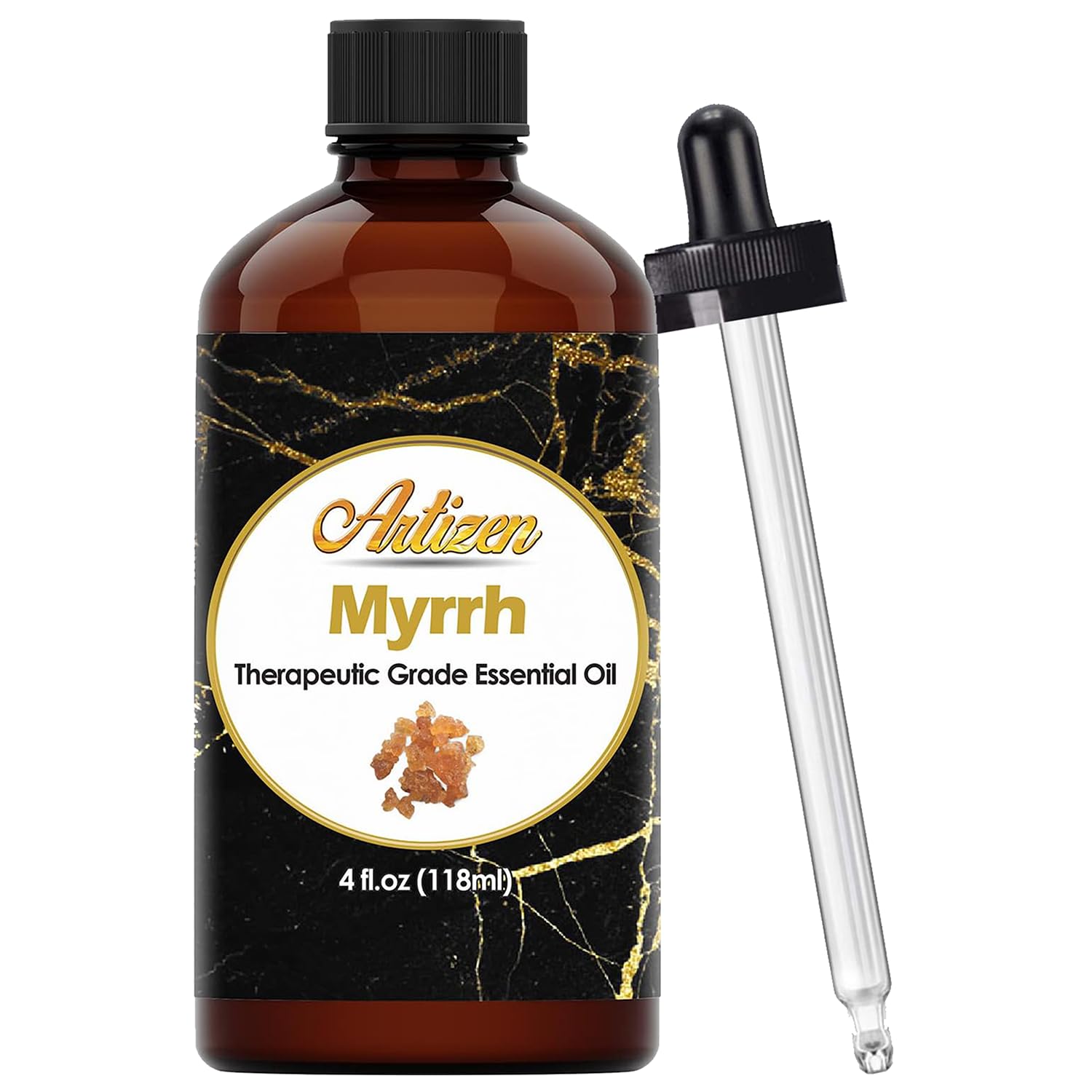 Artizen Mirra Aceite Esencial — botella de vidrio 4oz para aromaterapia suave.