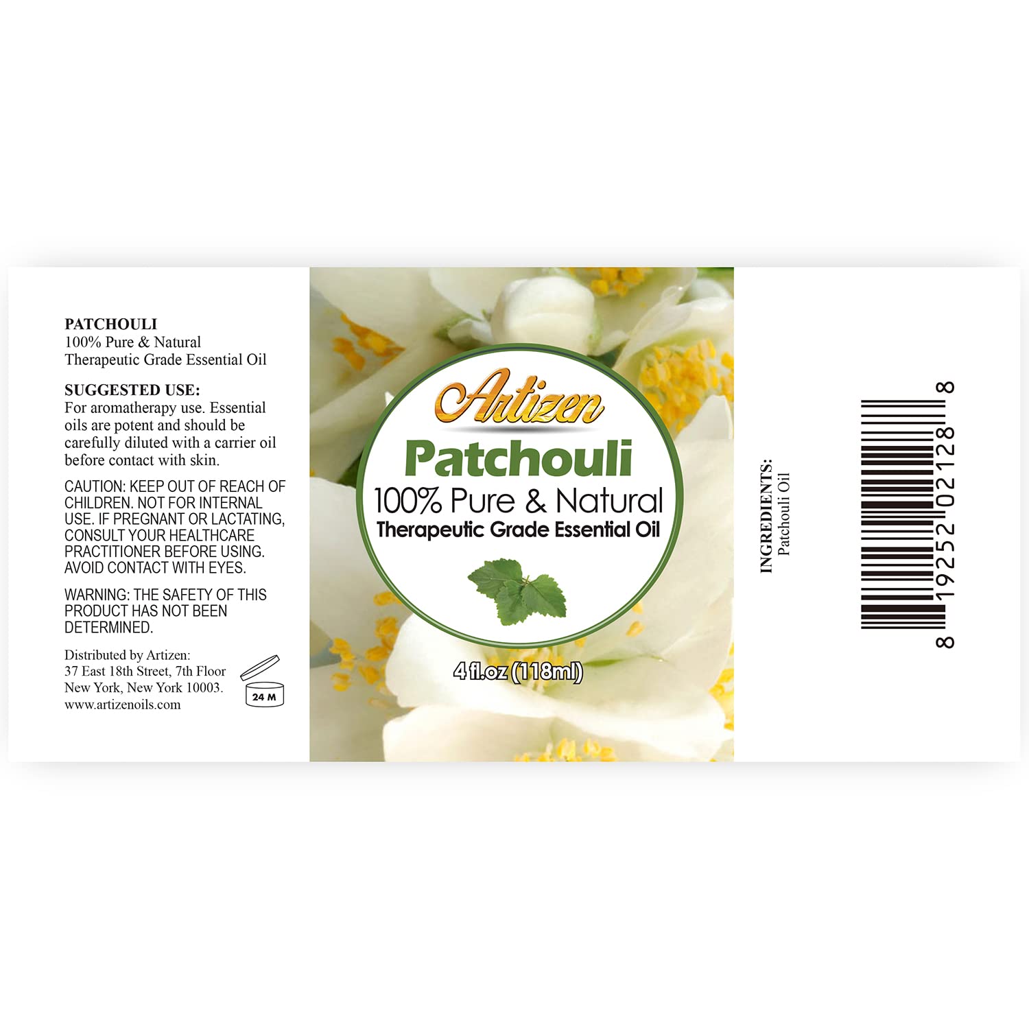 Artizen Patchouli, botella de vidrio azulado con protección UV para conservar pureza