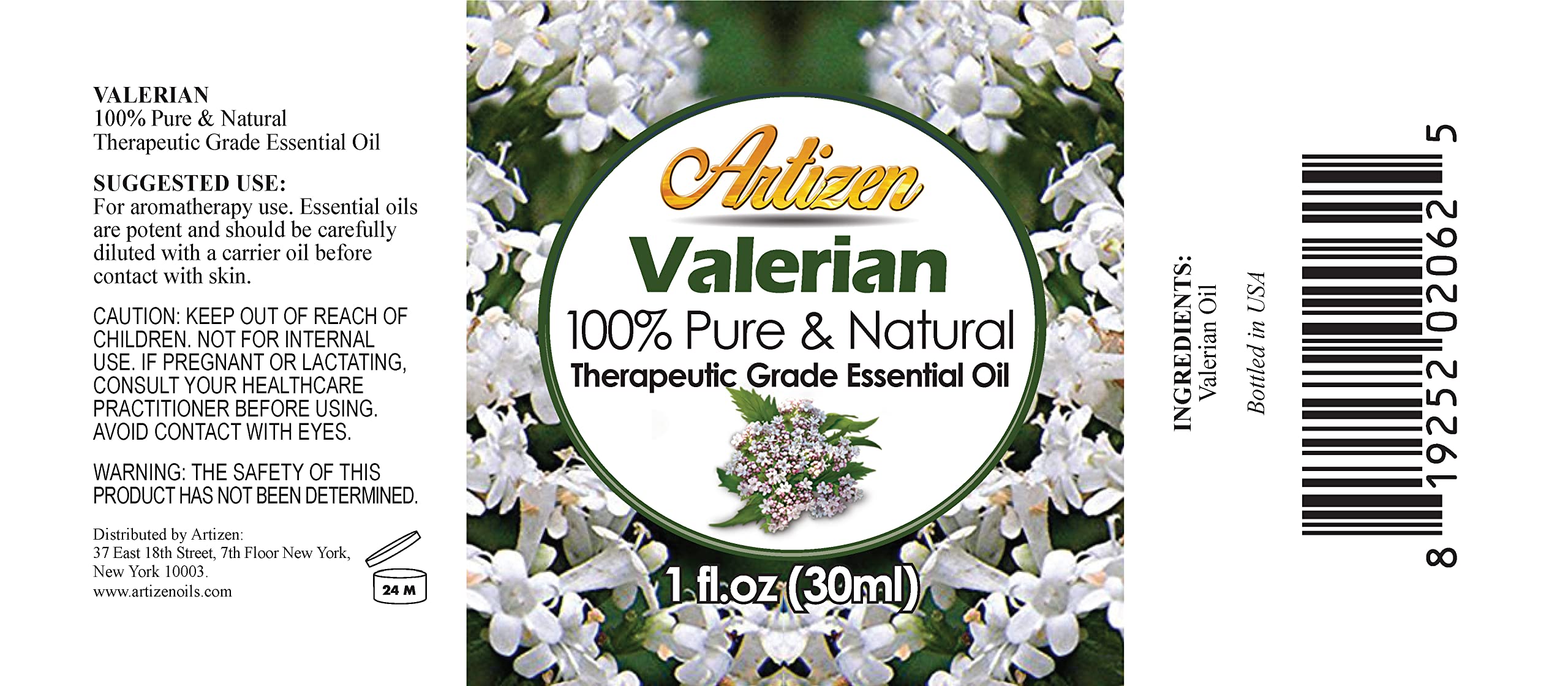 Artizen Valeriana en frasco de vidrio con protección UV para aroma puro.