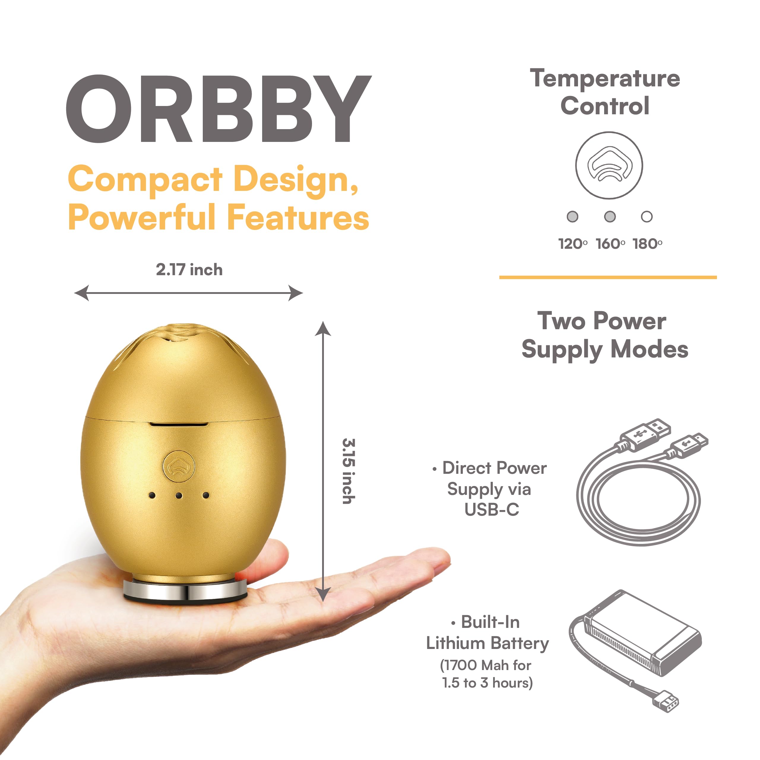 Orbby de Artronic, difusor inalámbrico en tono dorado para uso diario.