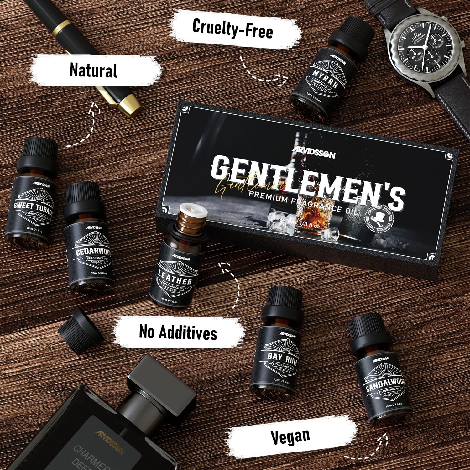 ARVIDSSON aceites masculinos, frasco-bay-rum, añade notas aromáticas únicas.