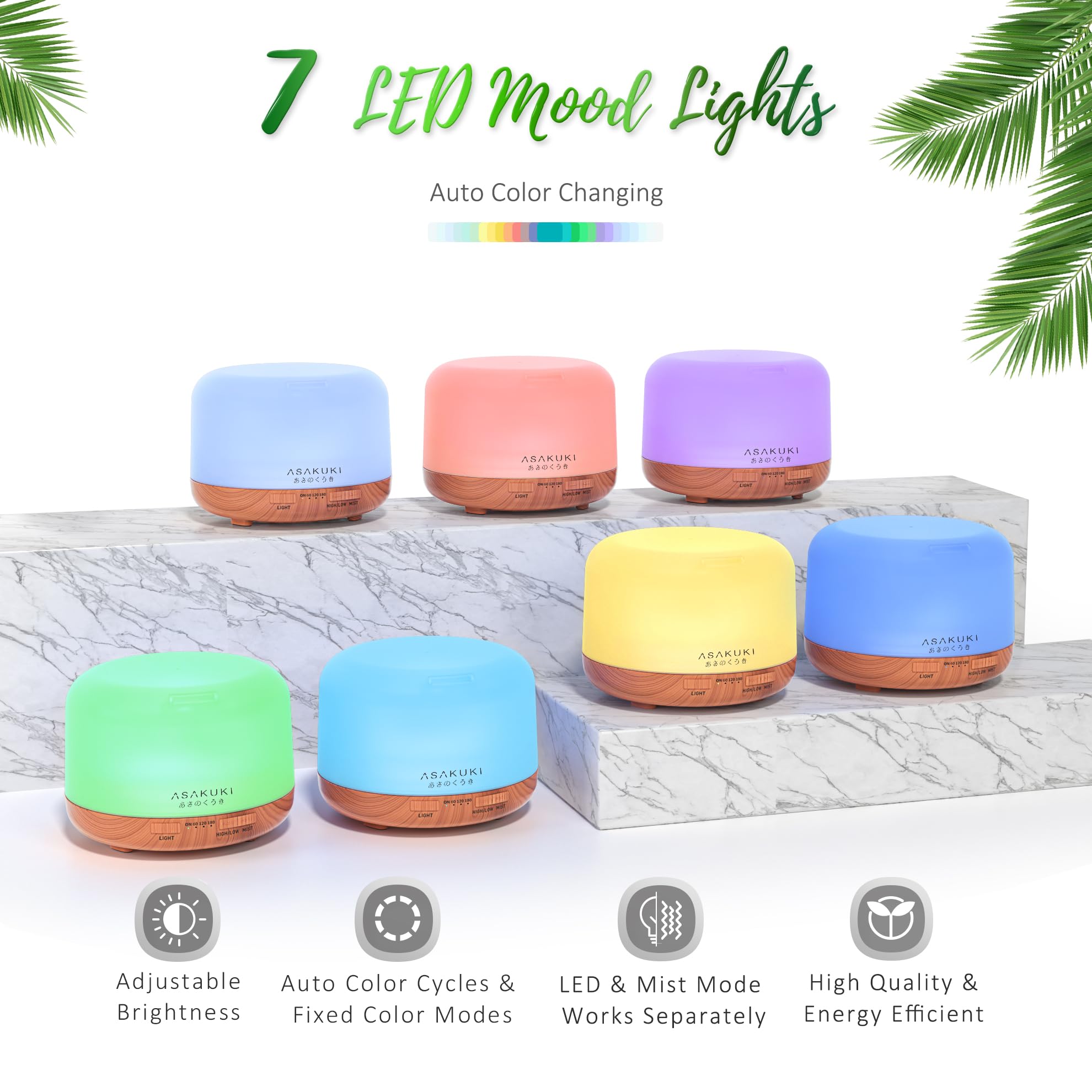 Difusor ASAKUKI con 7 colores de luz para atmósferas personalizadas.