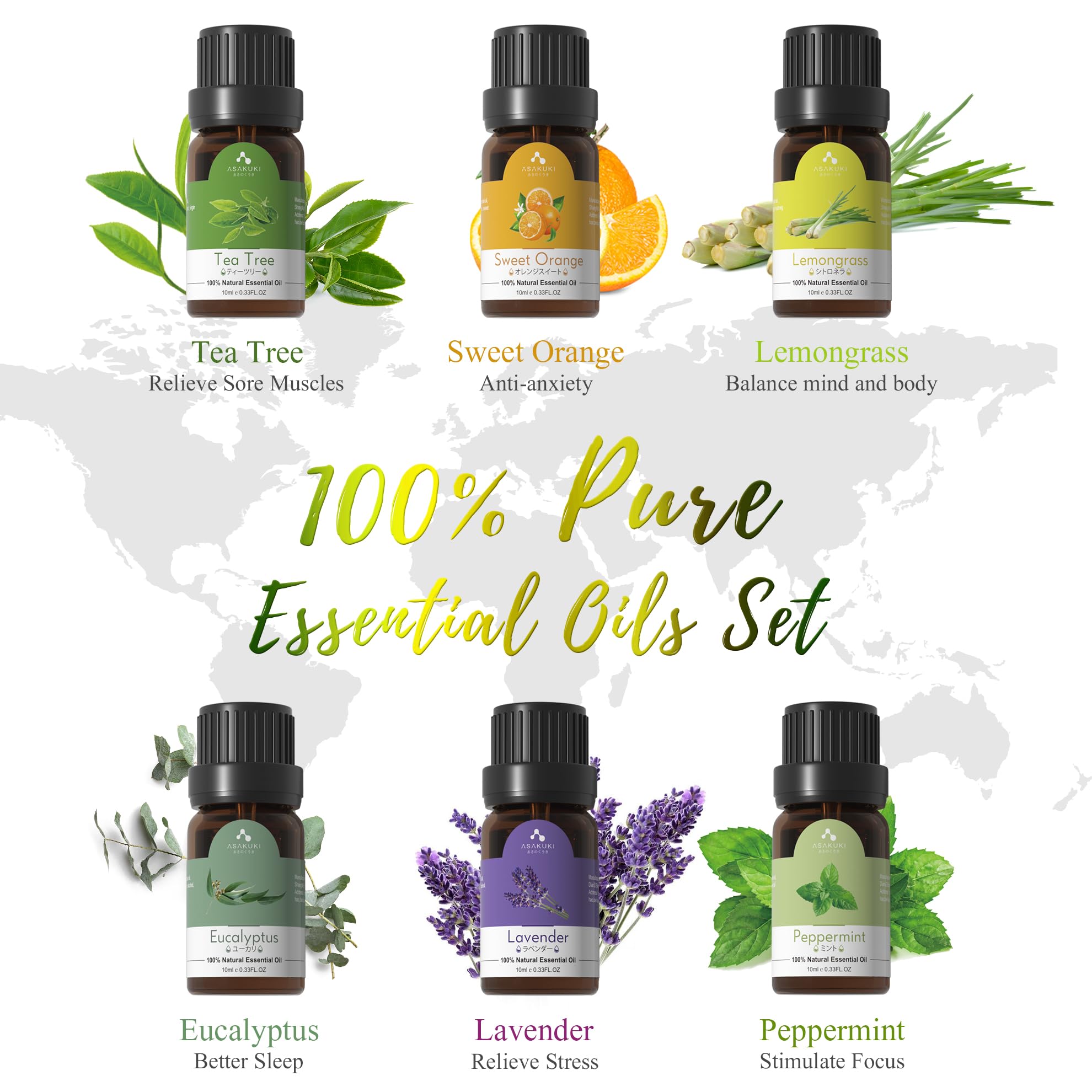 Juego de 6 aceites esenciales ASAKUKI para aromas variados.