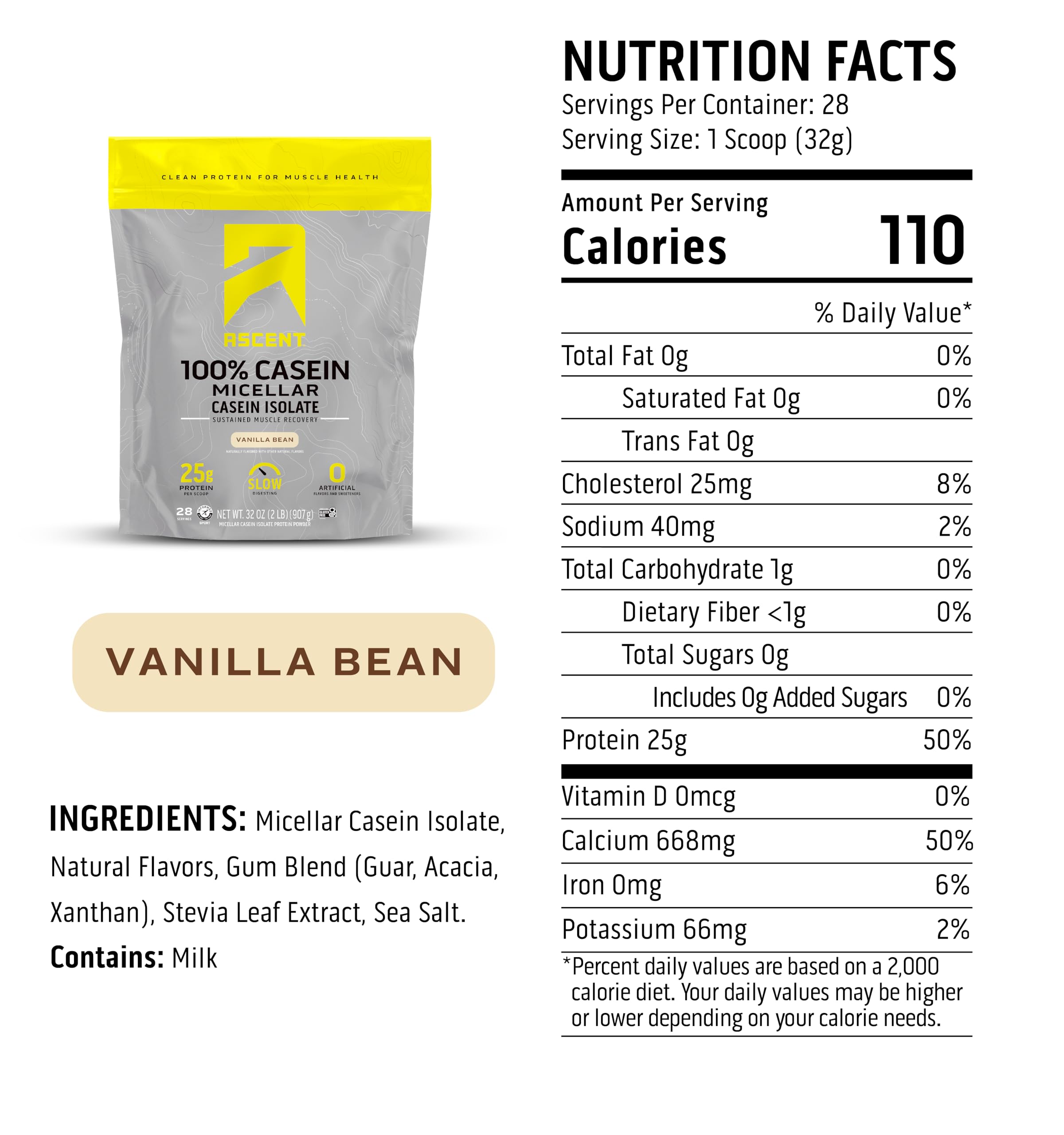 Porción de 25 g de proteína por cucharada de Ascent Caseína