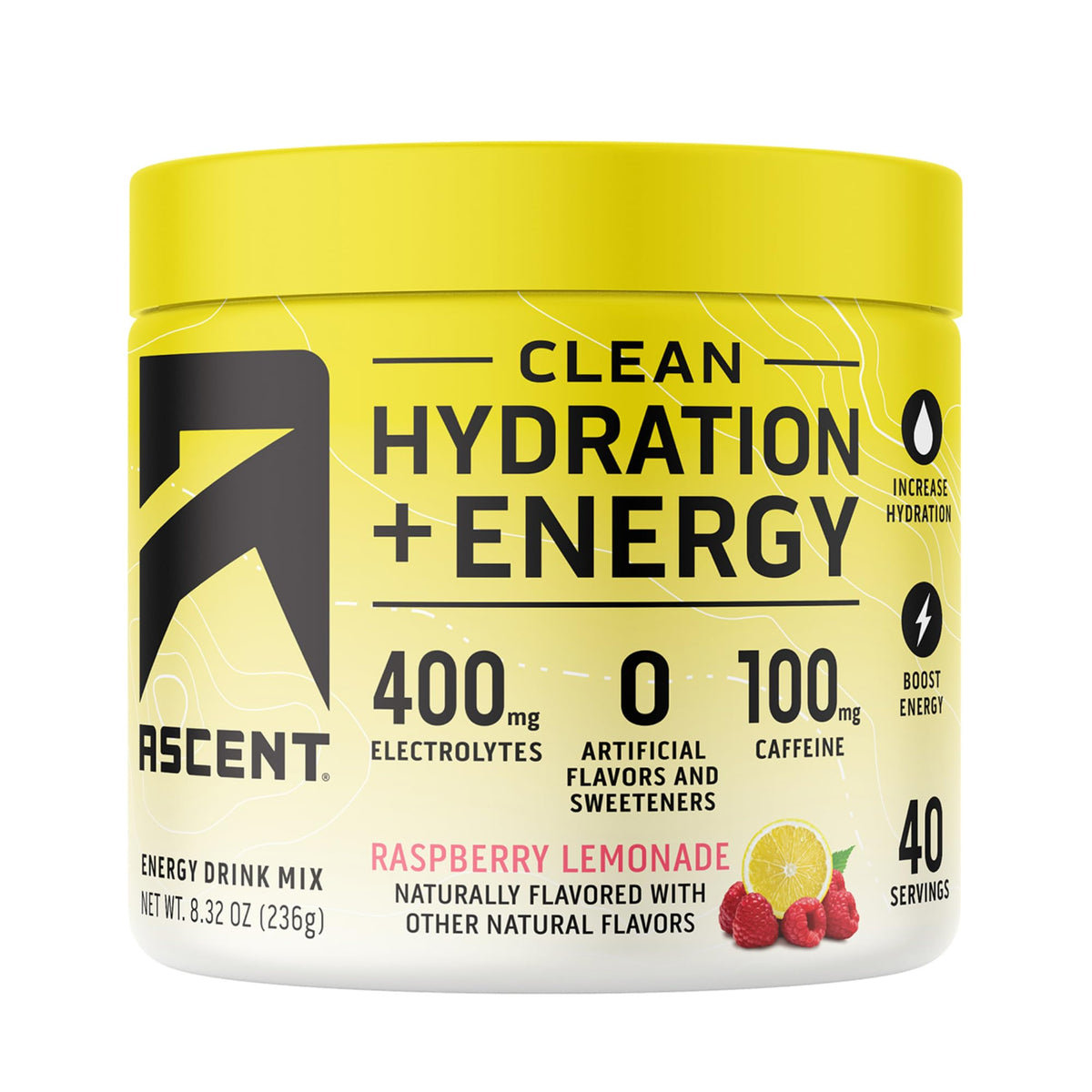 Ascent Clean Hydration + Energy, polvo frambuesa-limonada, ideal para hidratación rápida durante el entrenamiento.