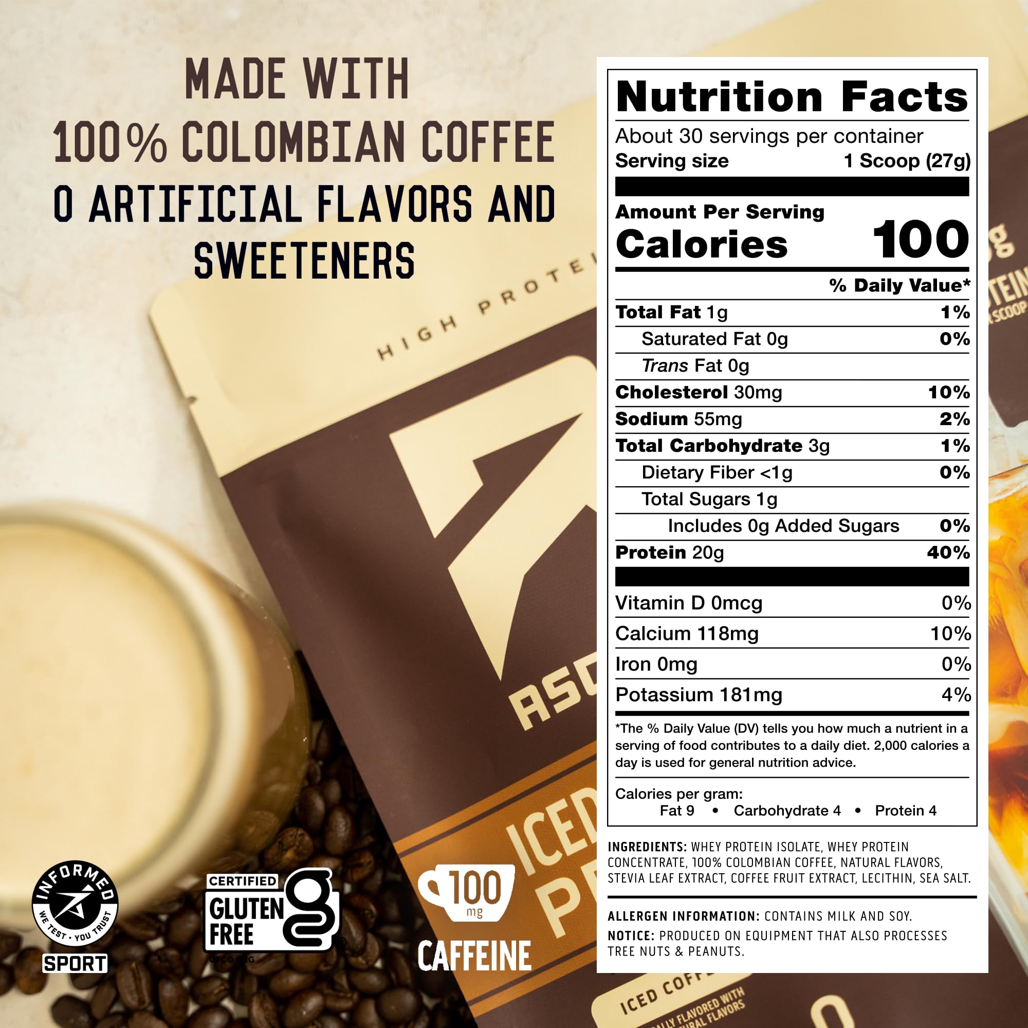 Cuchara medidora de Ascent Proteína de Café Helado, porción ideal.