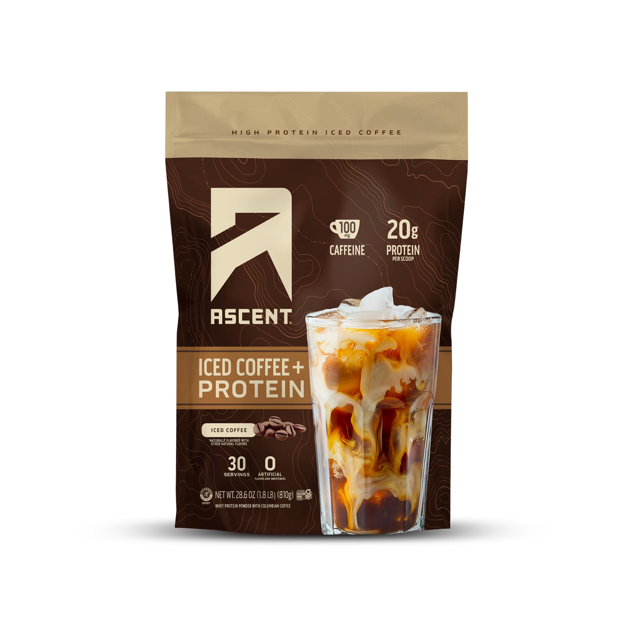 Ascent Proteína de Café Helado en envase, ideal para recargar energías matutinas.