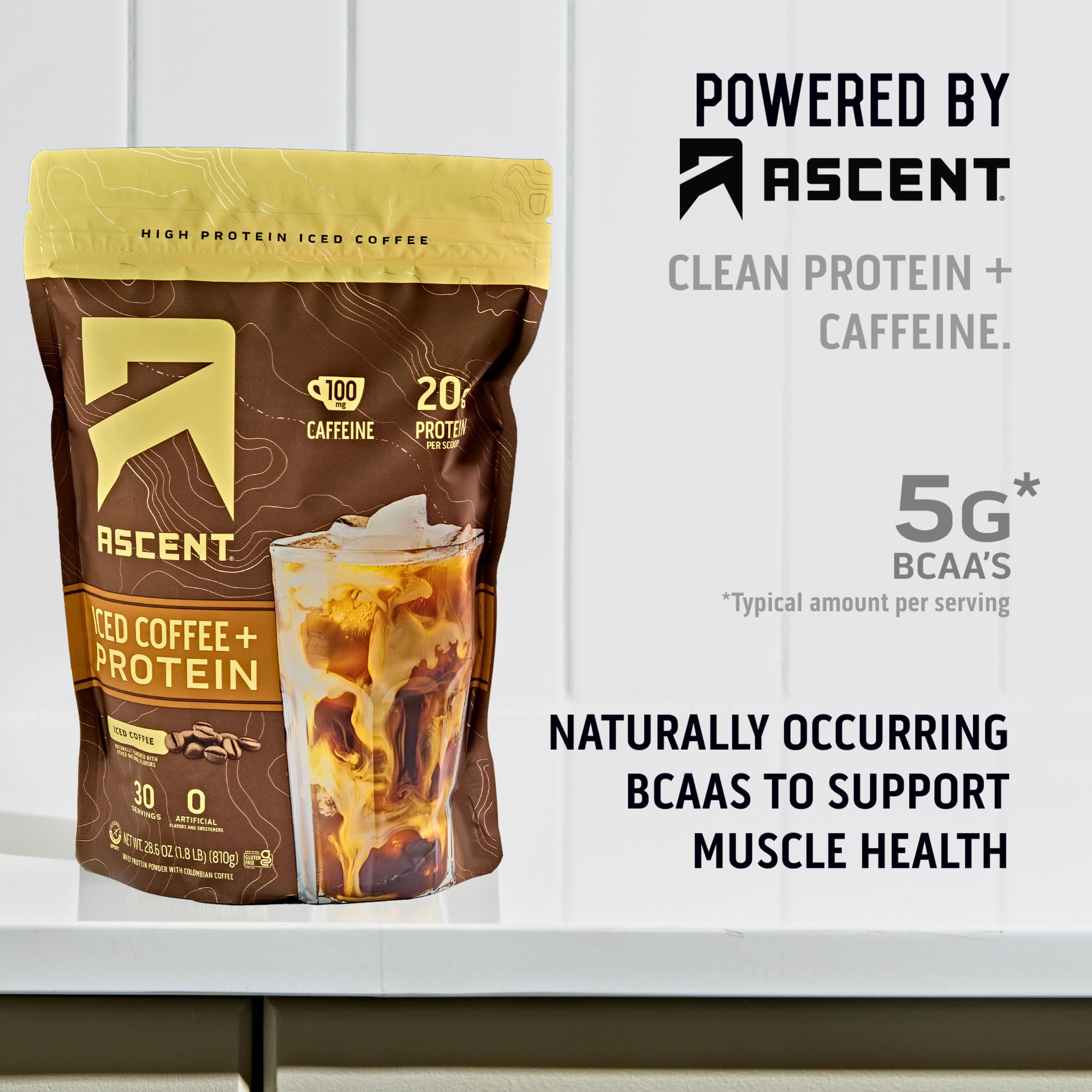 Ascent Proteína de Café Helado, perfecta para entrenamiento y pausas energéticas.