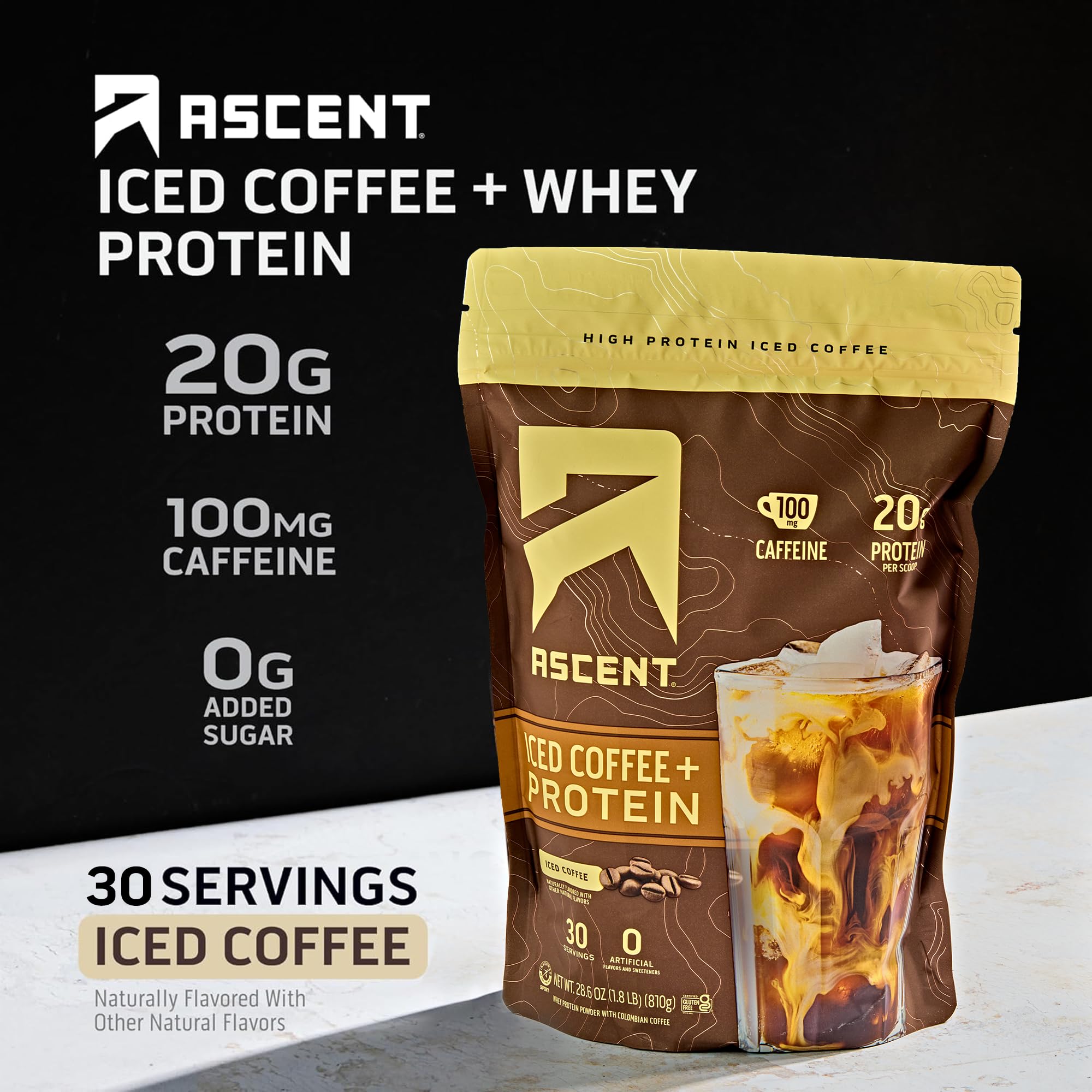 Ascent Proteína de Café Helado en vaso, lista para beber rápidamente.