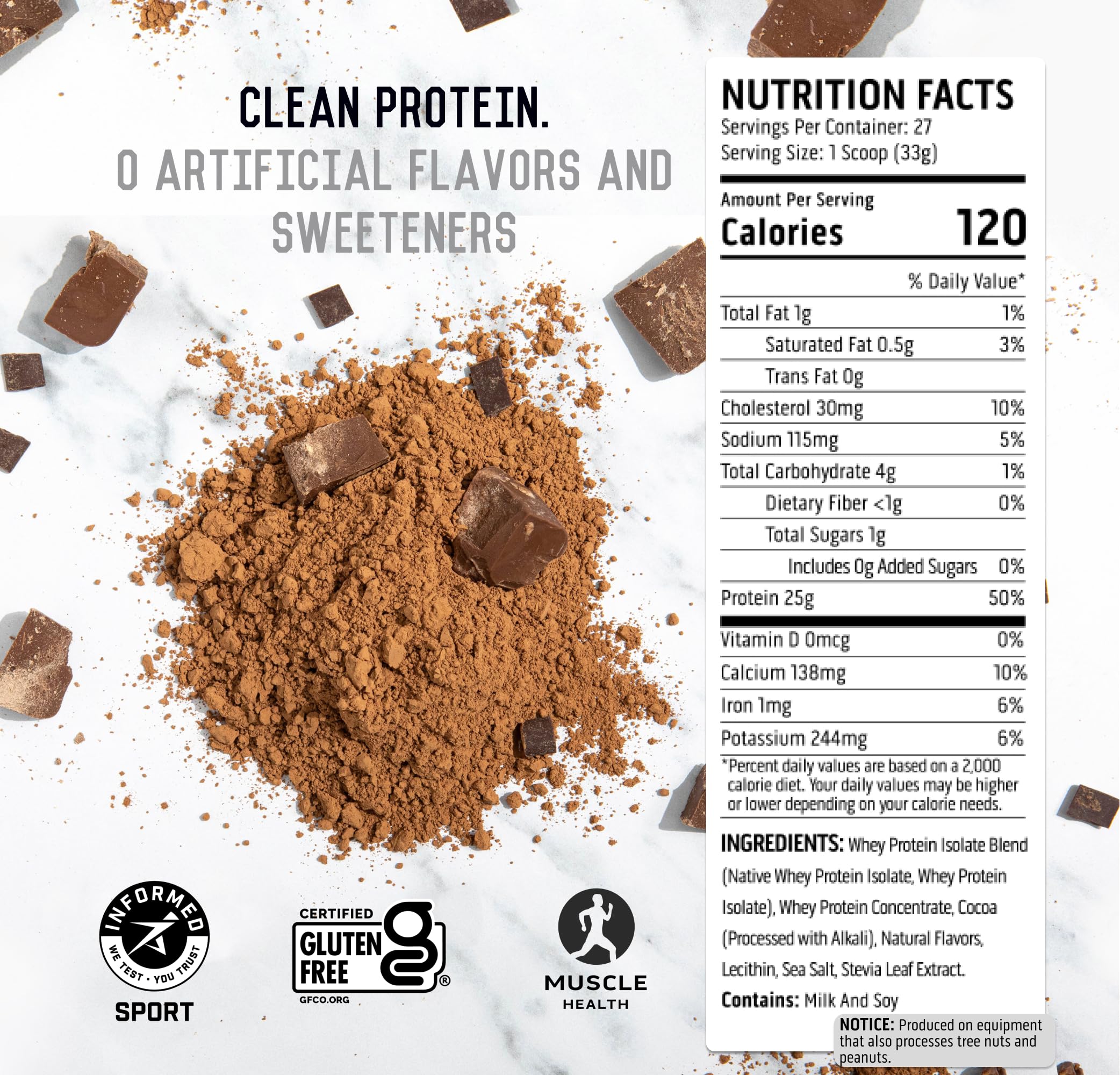 Ascent proteína de suero en polvo sabor chocolate para batidos.