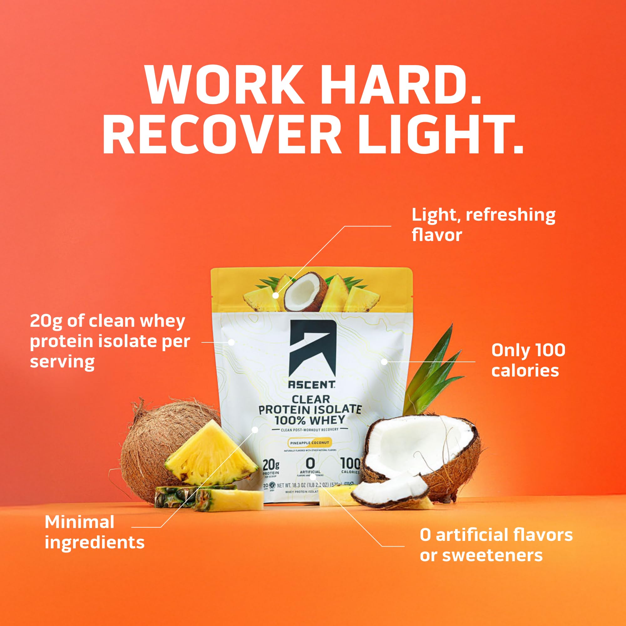 Ascent proteina de suero clara piña coco, 20 g de proteína por porción para apoyar nutrición