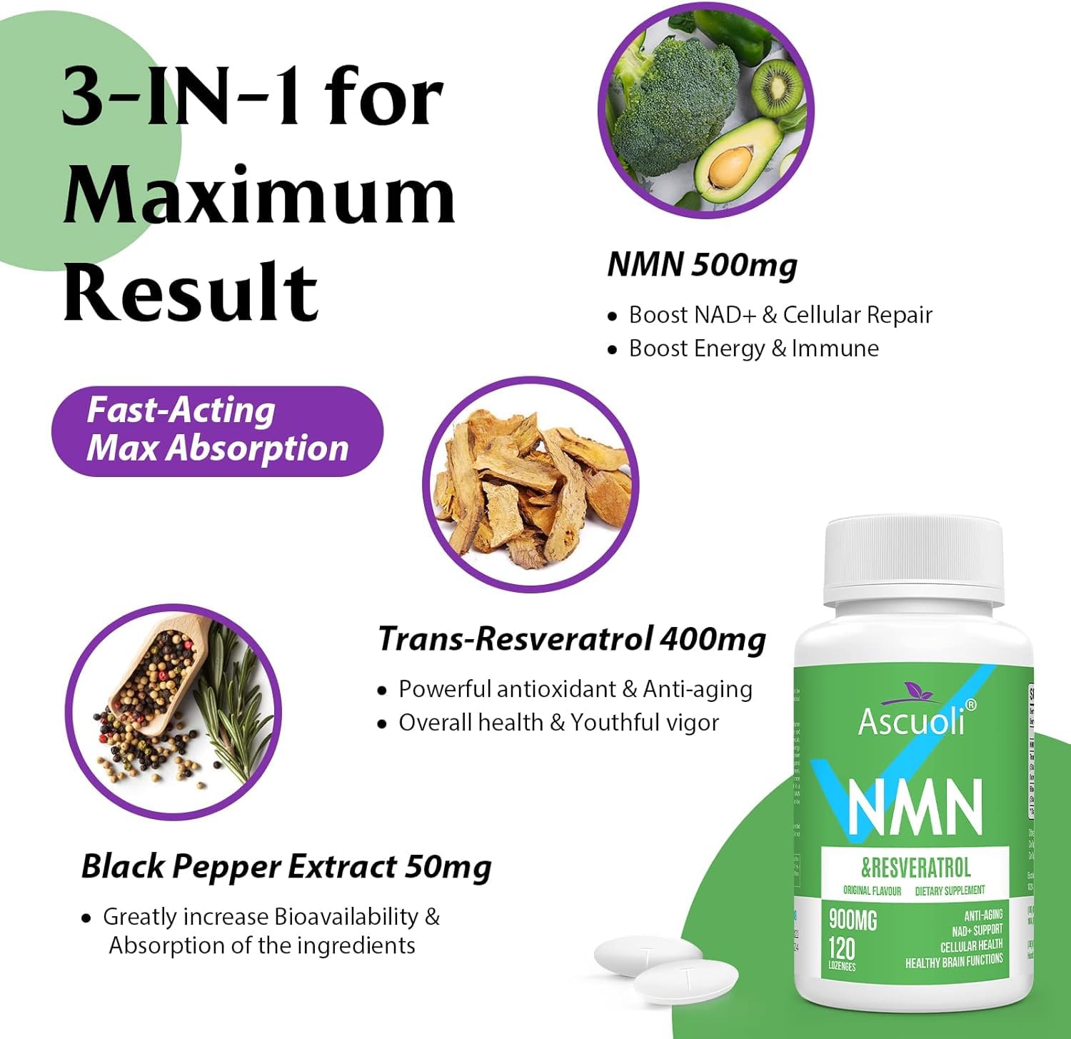 Ascuoli bienestar diario NMN-Resveratrol, soporte posible para un cuerpo activo.
