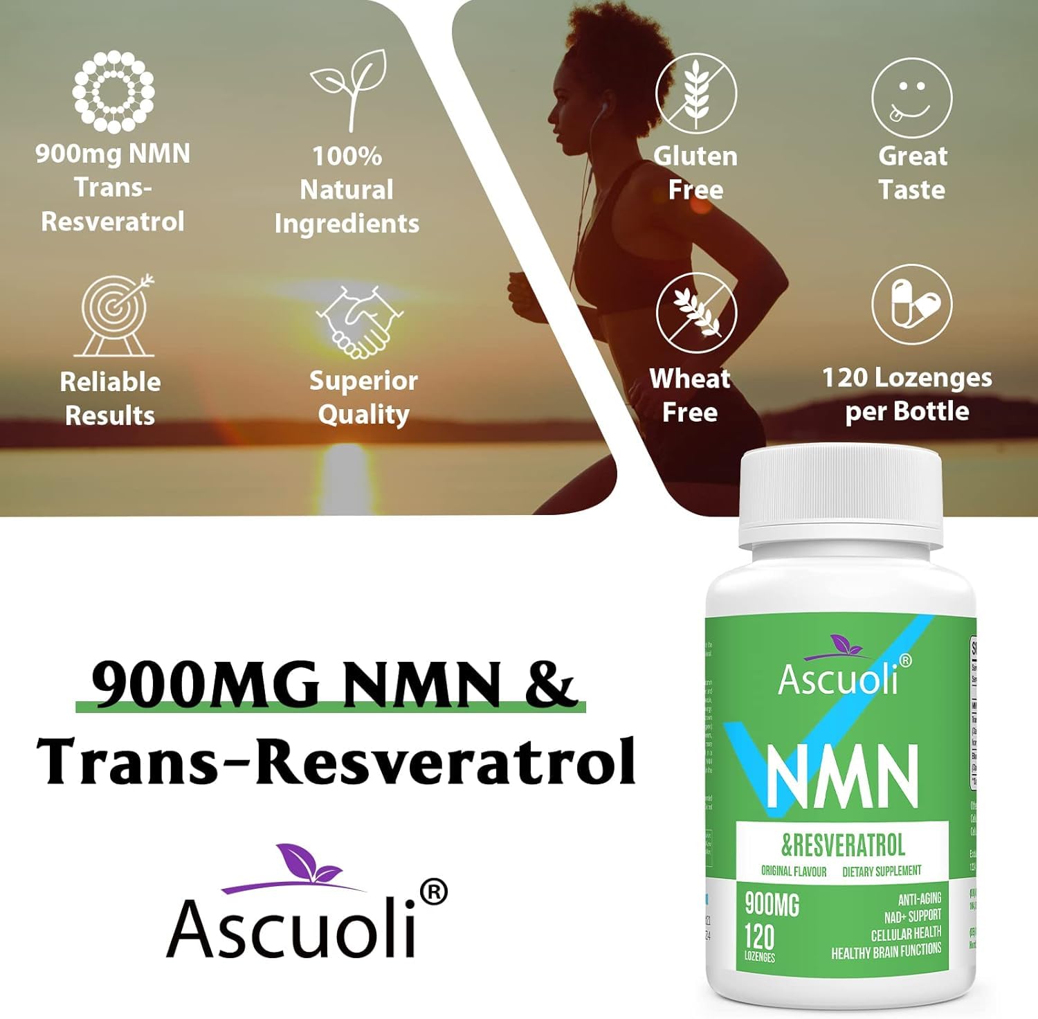 Ascuoli etiqueta frontal NMN-Resveratrol, información clara para la toma diaria.