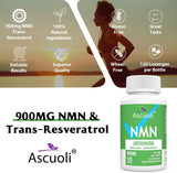 Ascuoli etiqueta frontal NMN-Resveratrol, información clara para la toma diaria.