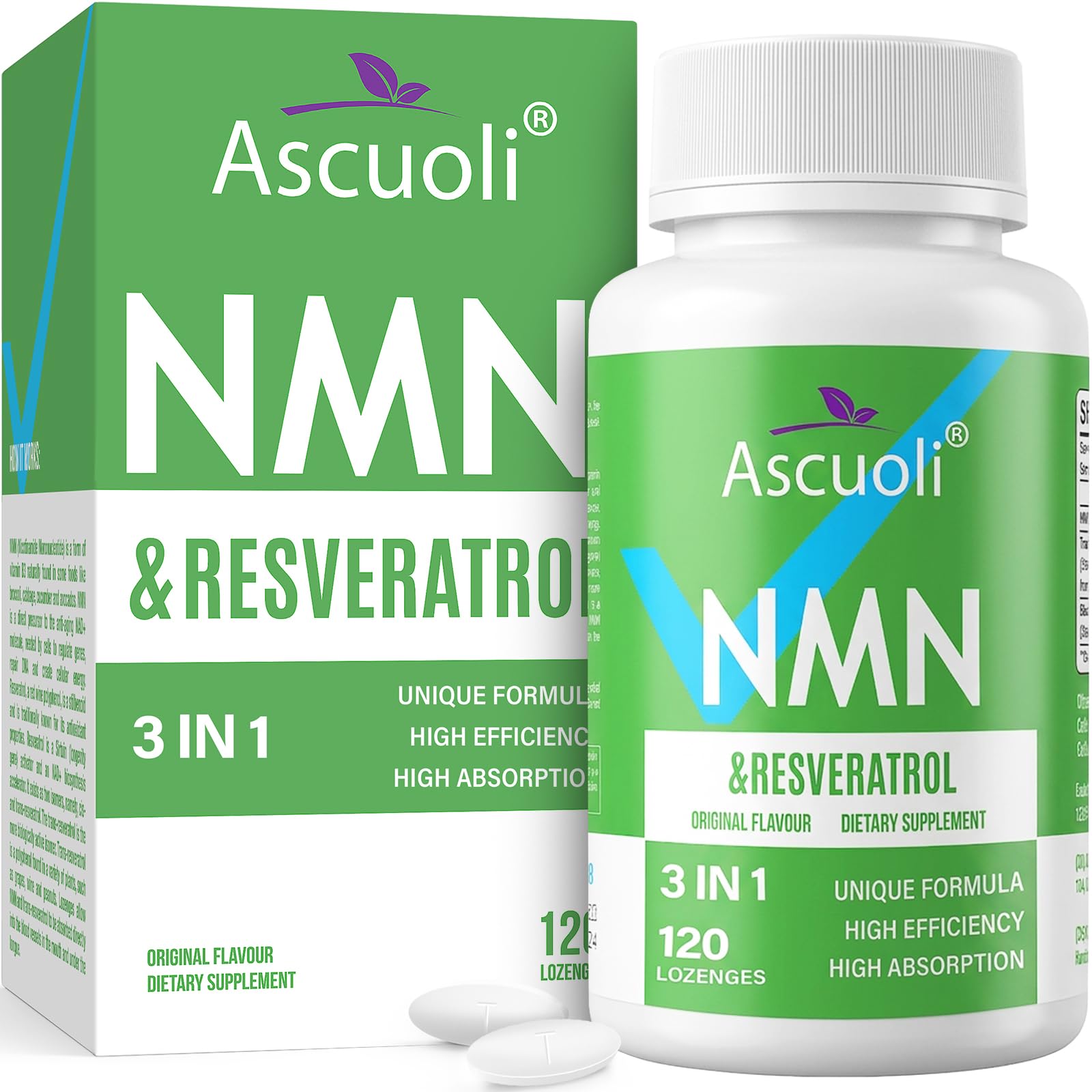 Ascuoli frasco NMN sublingual 500 mg y resveratrol 400 mg, posible apoyo a la vitalidad diaria.