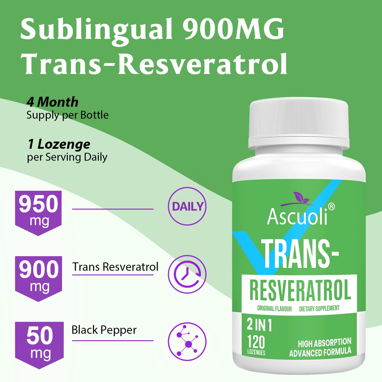 Ascuoli Resveratrol con extracto de pimienta negra para mayor absorción.