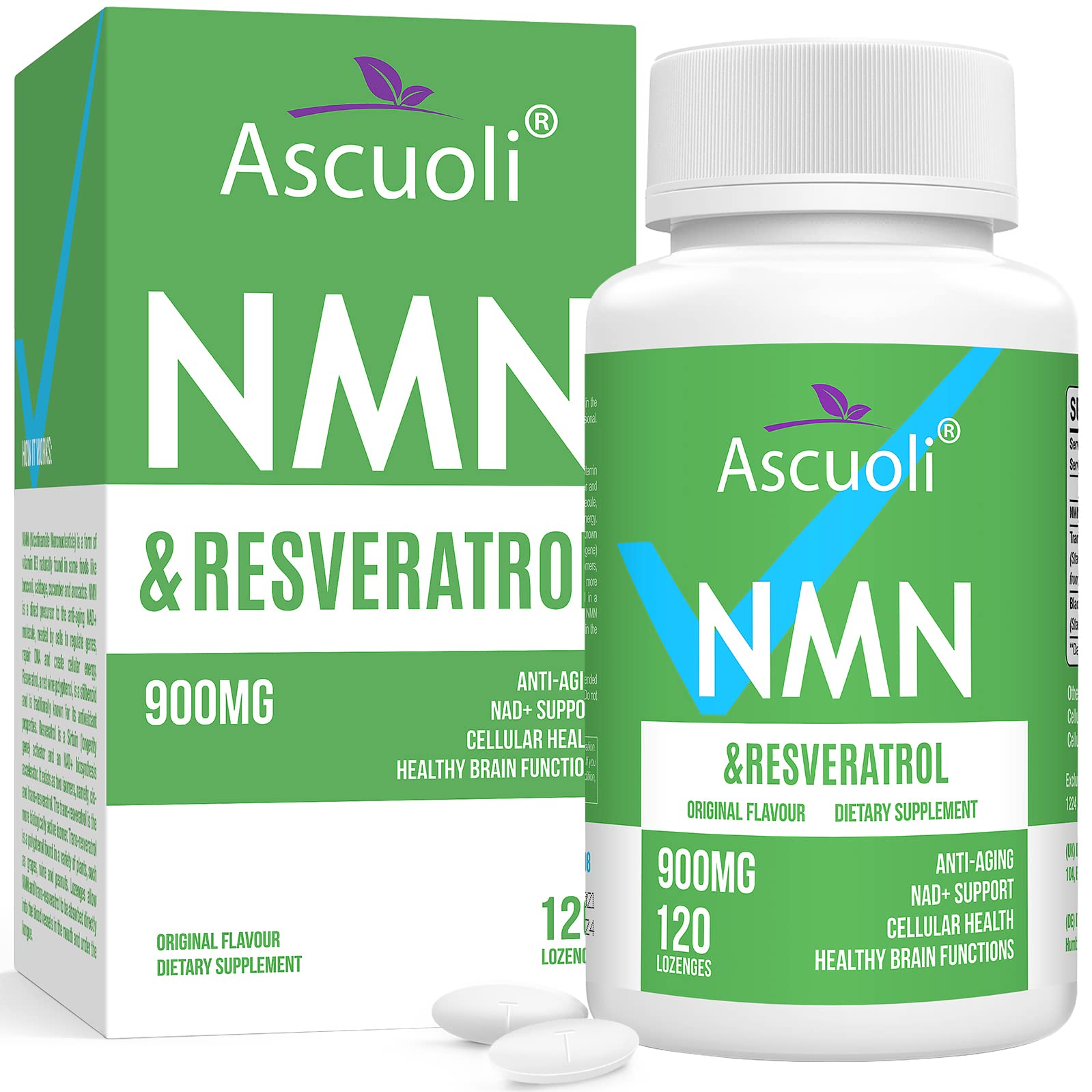 Botella de Ascuoli NMN-Resveratrol, posible apoyo a NAD y vitalidad diaria.