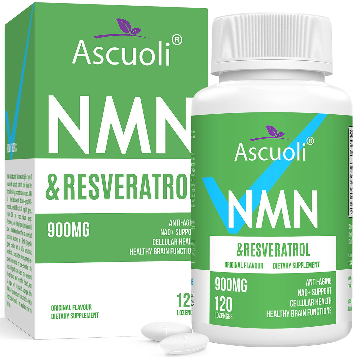 Botella de Ascuoli NMN-Resveratrol, posible apoyo a NAD y vitalidad diaria.
