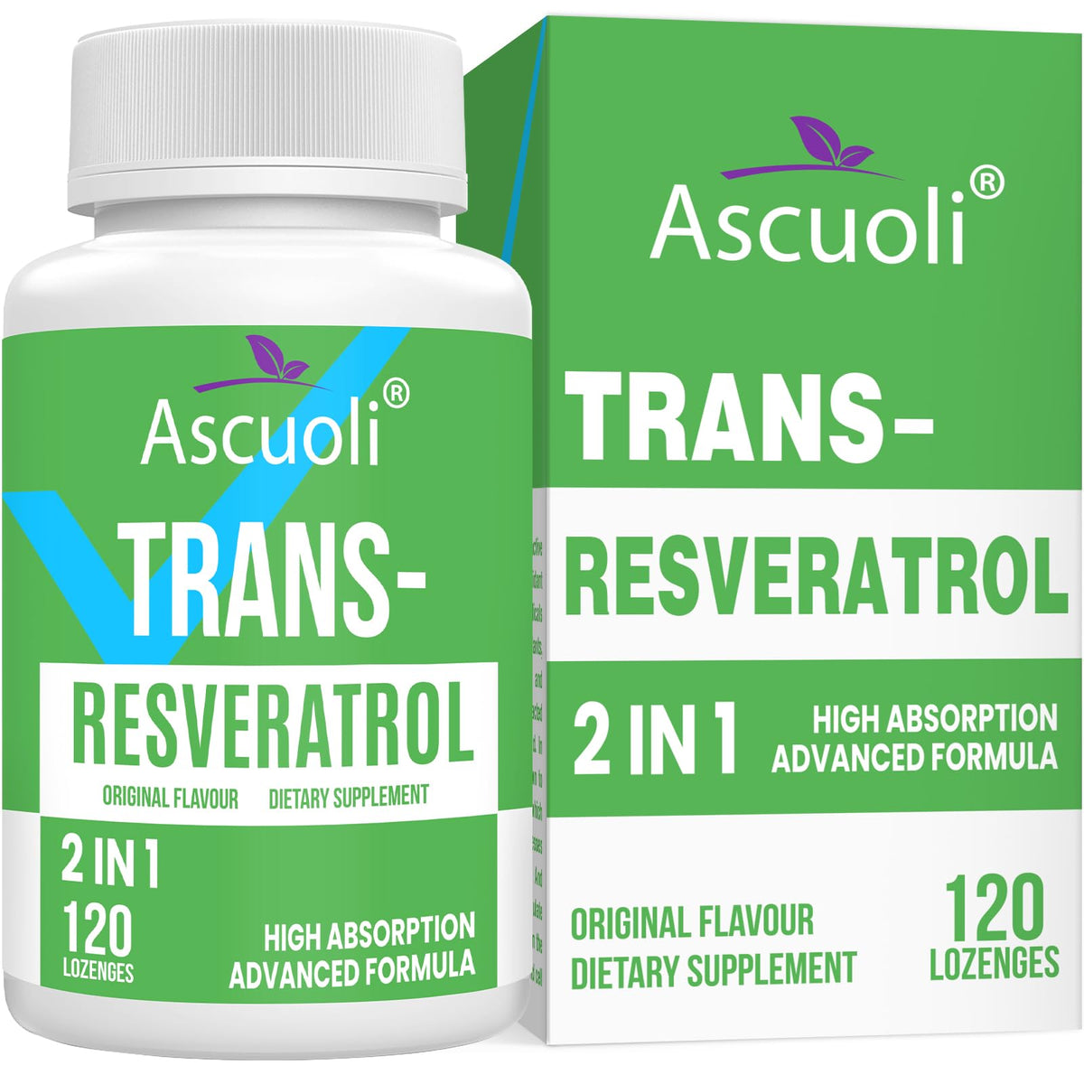 Ascuoli Trans-Resveratrol en botella, fácil de integrar en la rutina diaria.