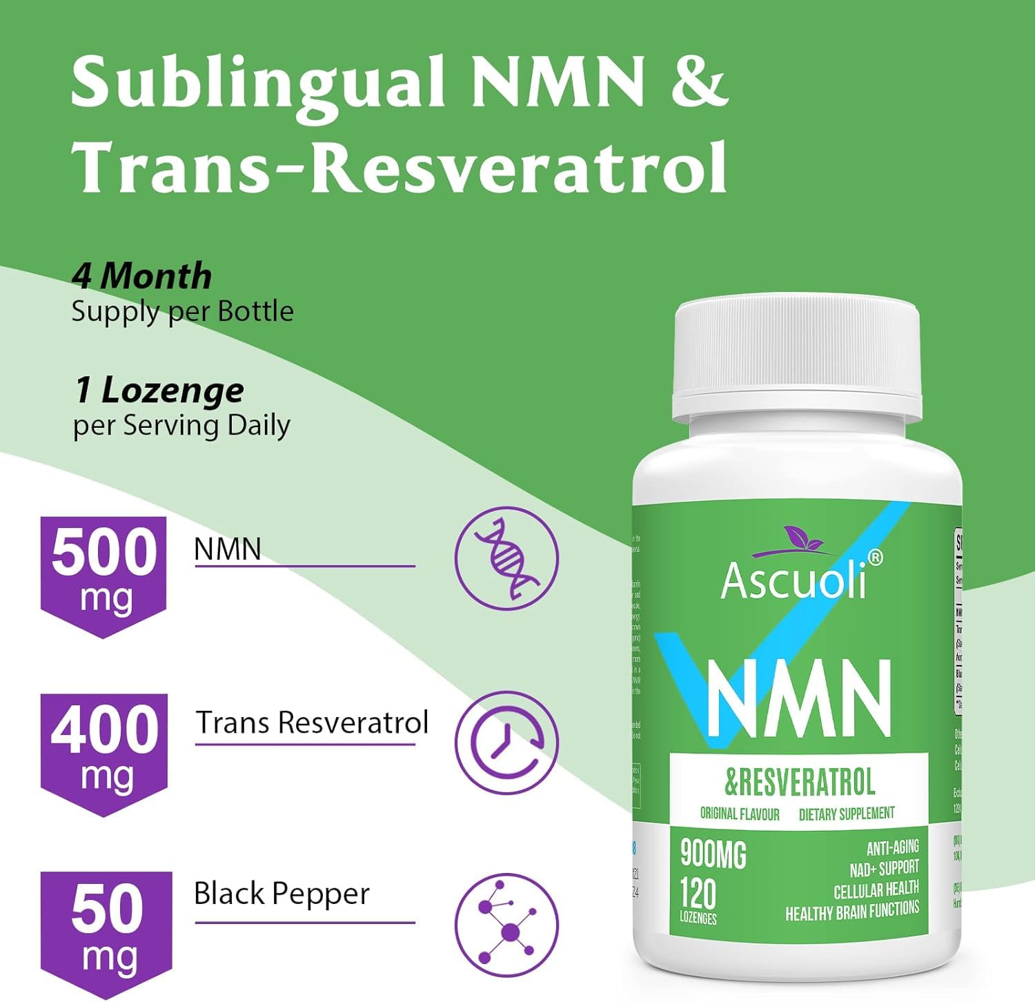 Ascuoli uso sublingual NMN-Resveratrol, cuidado práctico para la rutina.