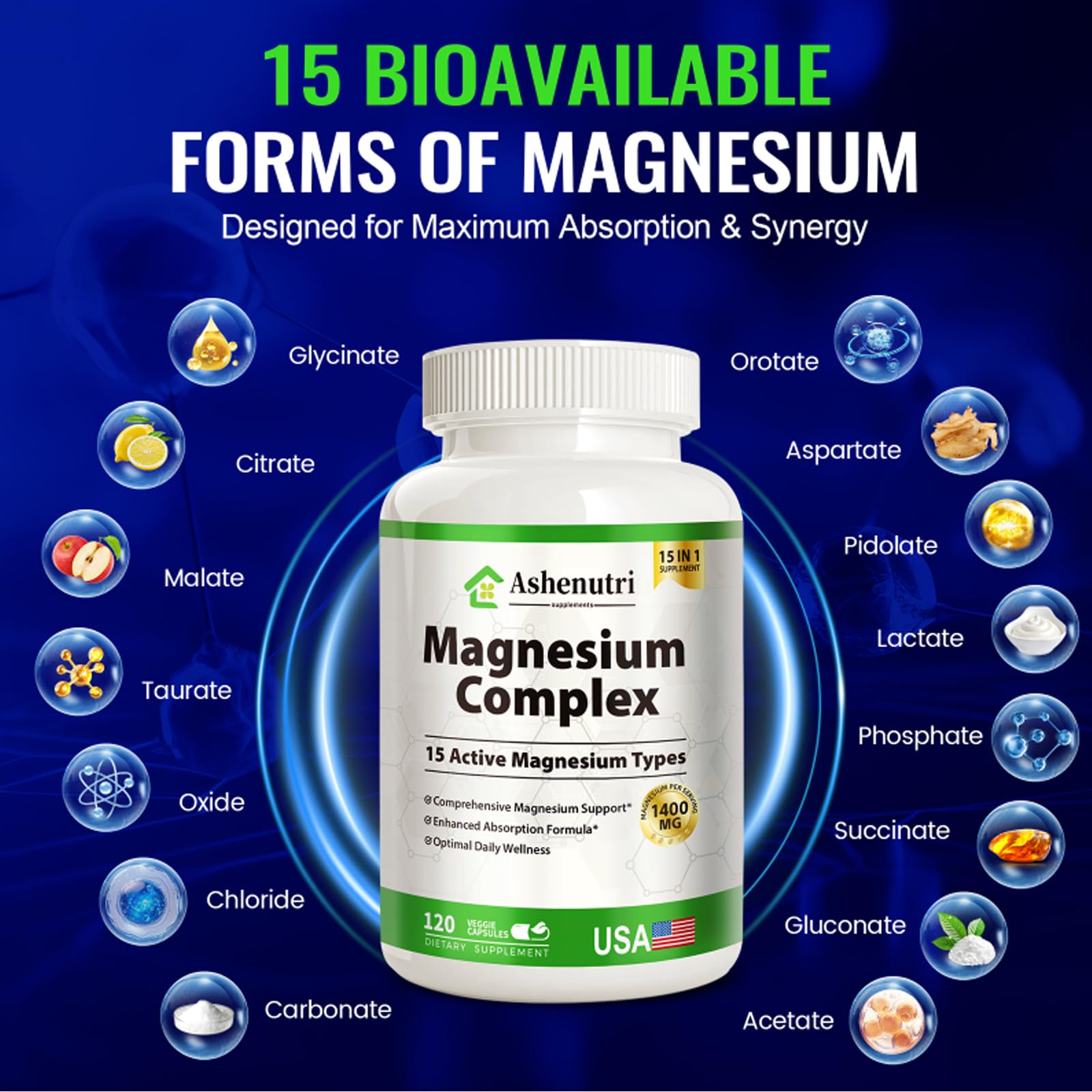 Ashenutri Magnesio Complejo, etiqueta trasera con información nutricional.