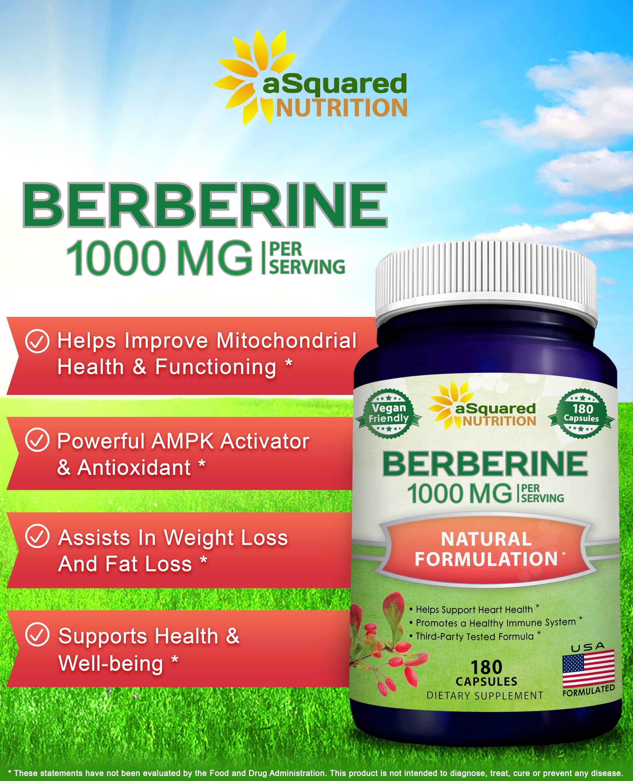 Cápsulas de aSquared Nutrition Berberina Pura 1000 mg, fáciles de tragar