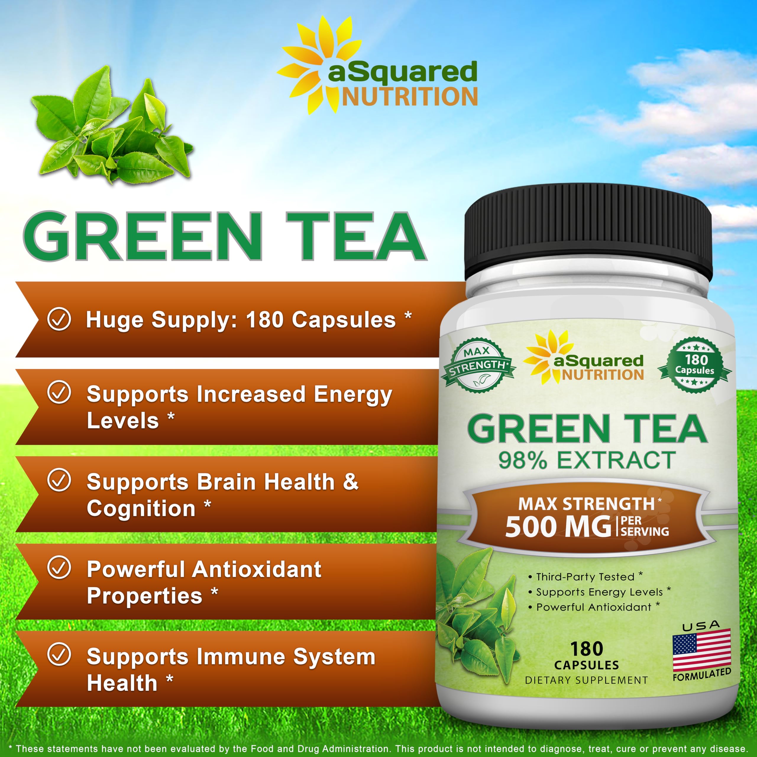 aSquared Nutrition cápsulas de té verde para energía estable.