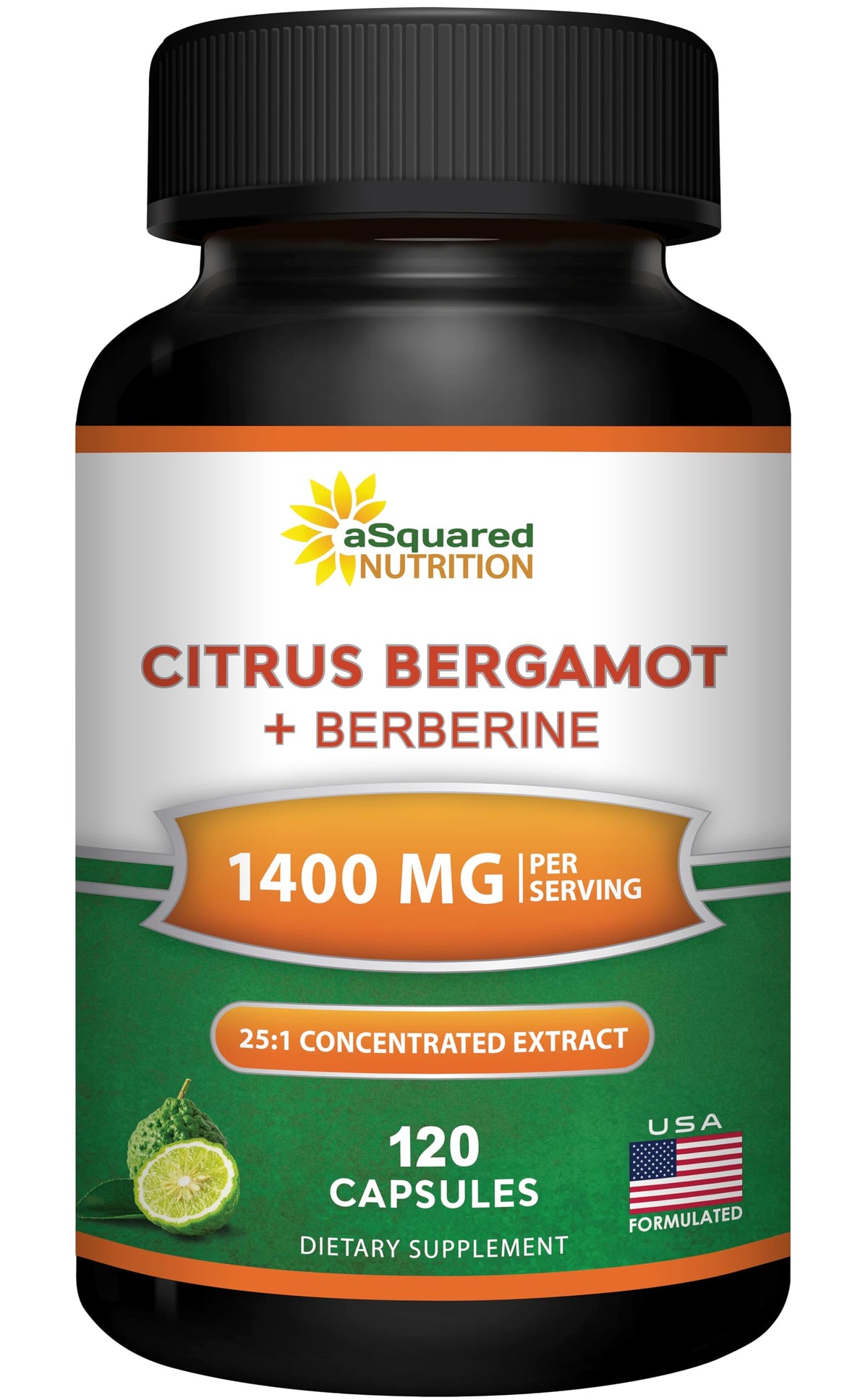 Asquared Nutrition Citrus Bergamot Berberina: frasco con cápsulas para apoyo cardiovascular diario.