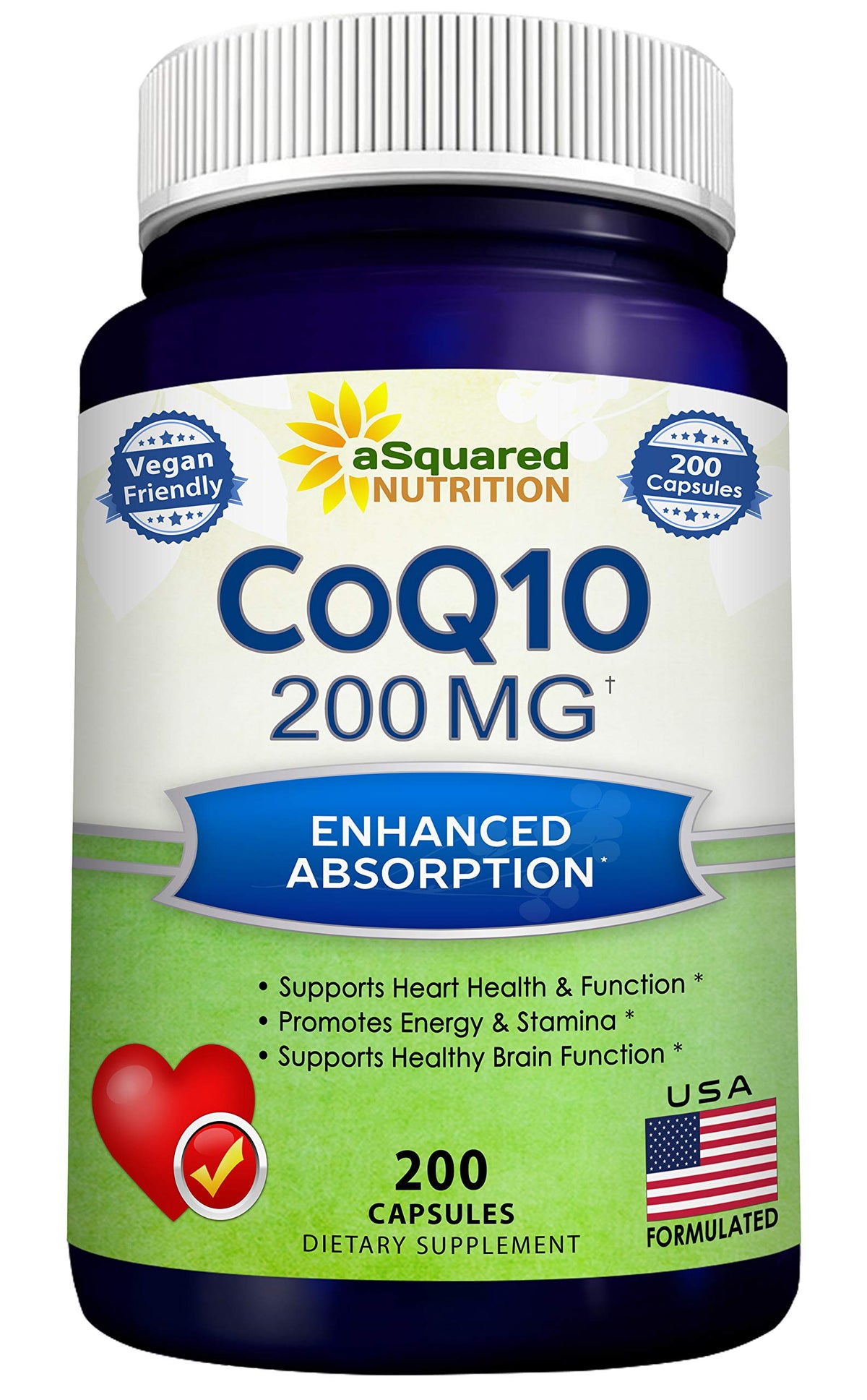 aSquared Nutrition CoQ10 cápsulas en frasco, posible apoyo a la energía diaria