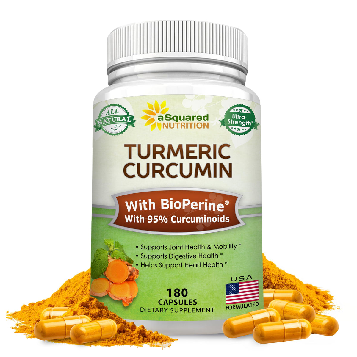aSquared Nutrition Curcuma 1300mg cápsulas, alto contenido de curcuminoides para uso diario.