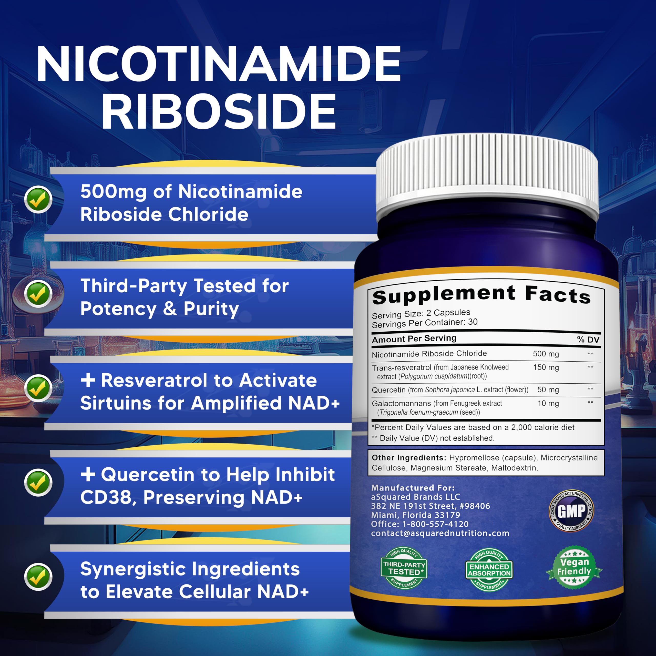 aSquared Nutrition NAD Resveratrol con galactomananos para digestión suave