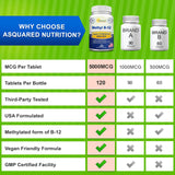 aSquared Nutrition Vitamina B12 5000 mcg, etiqueta clara que resalta beneficios.