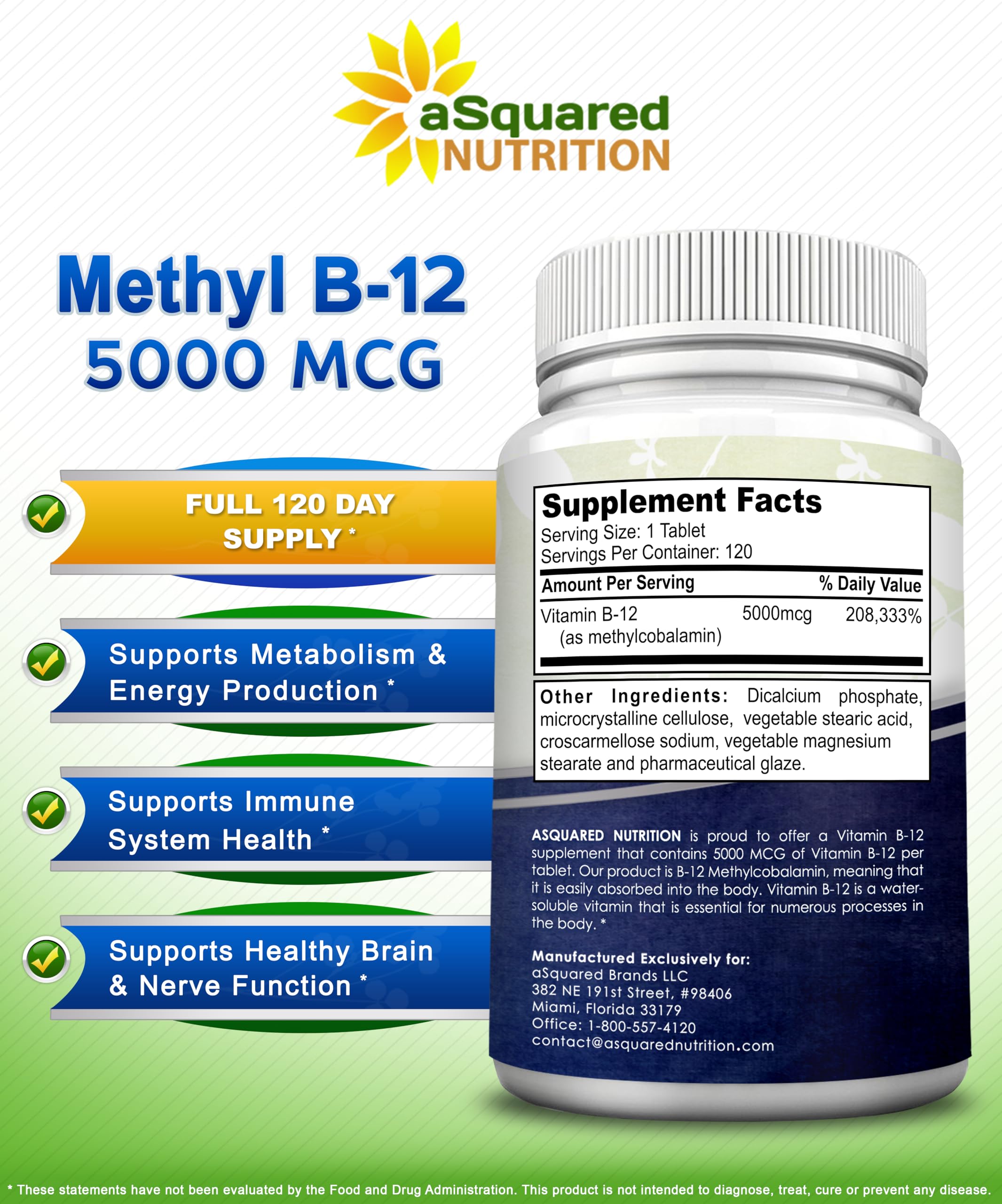 aSquared Nutrition Vitamina B12 5000 mcg, frasco de 120 tabletas para suministro prolongado.