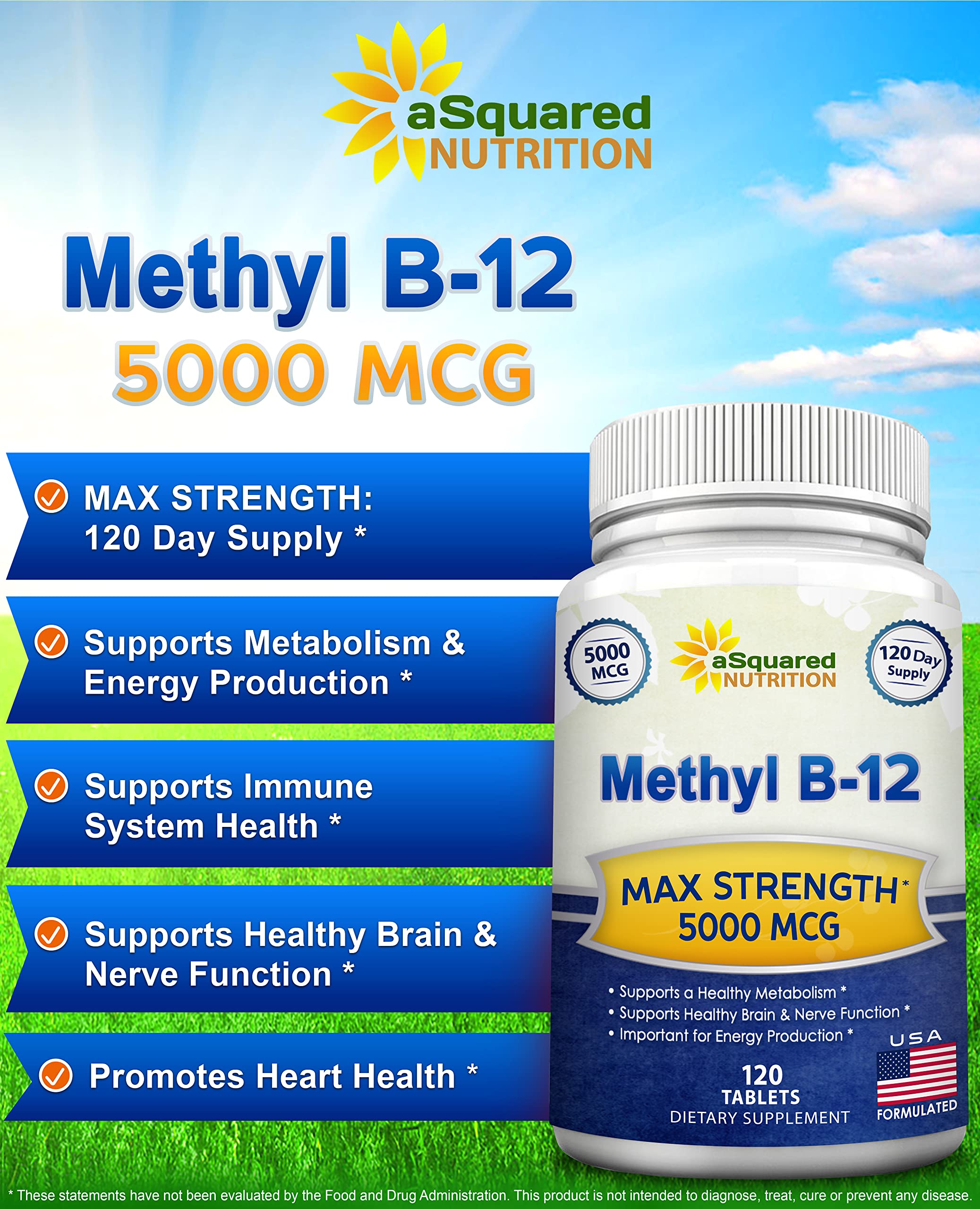 aSquared Nutrition Vitamina B12 5000 mcg, tabletas visibles dentro de la caja para uso diario.