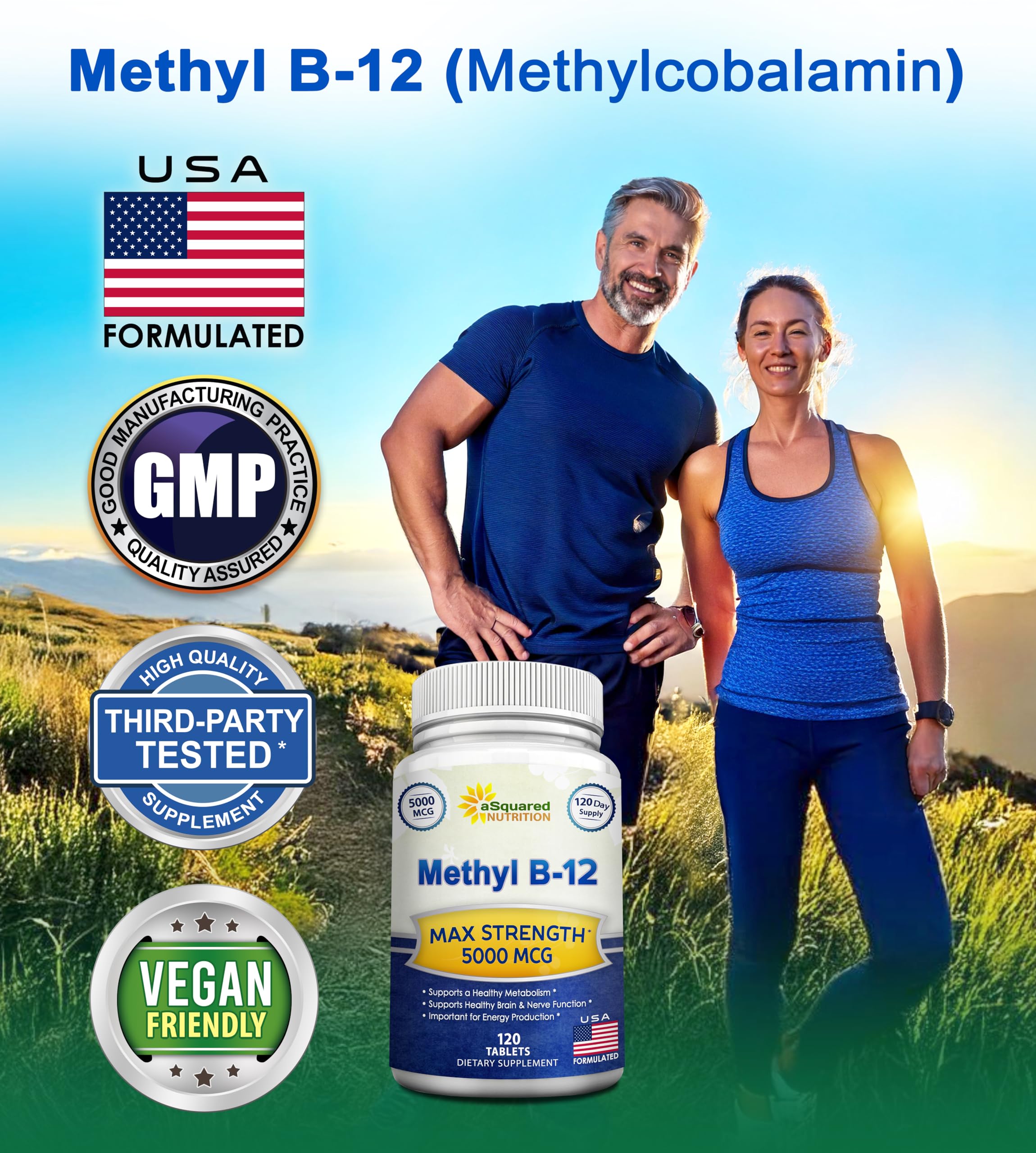 aSquared Nutrition Vitamina B12 5000 mcg, tabletas en mano para recordatorio diario.