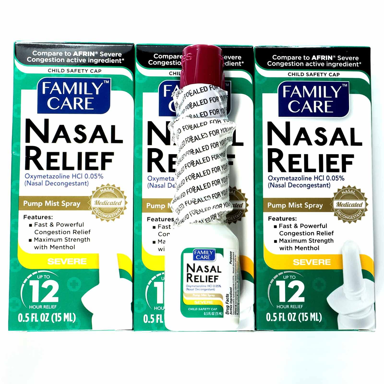 Assured Alivio nasal con bomba: muestra la botella y la pulverización suave para congestión.