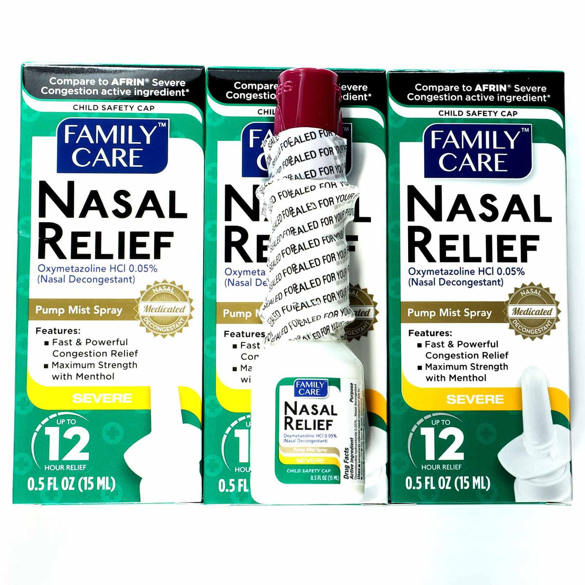 Assured Alivio nasal con bomba: muestra la botella y la pulverización suave para congestión.
