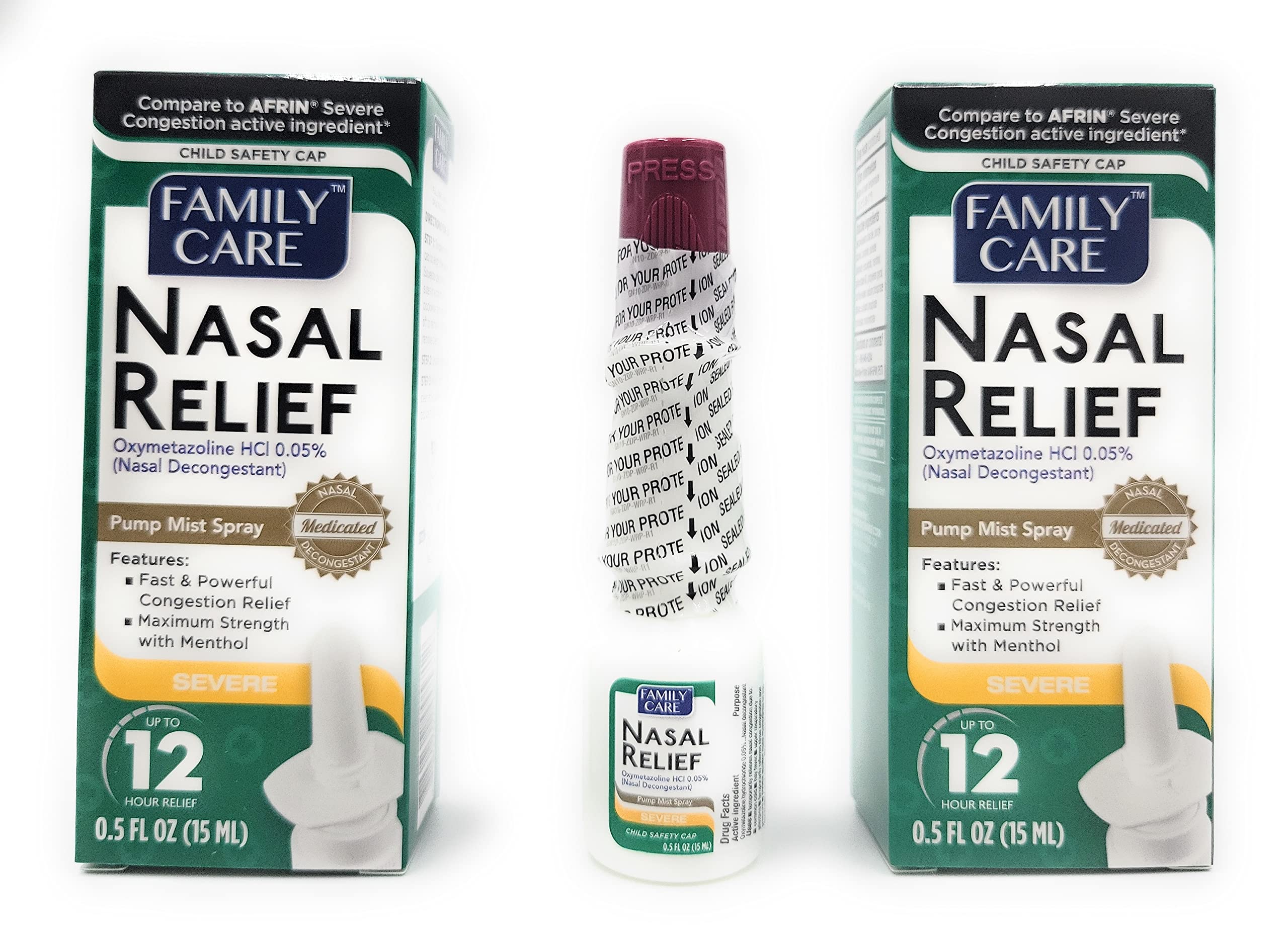 ASSURED alivio nasal en aerosol, botella antiderrame para uso diario.