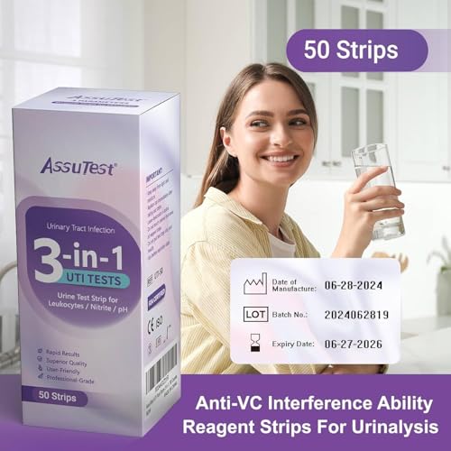 AssuTest UTI Test Strips: tira sumergida en orina para lectura rápida