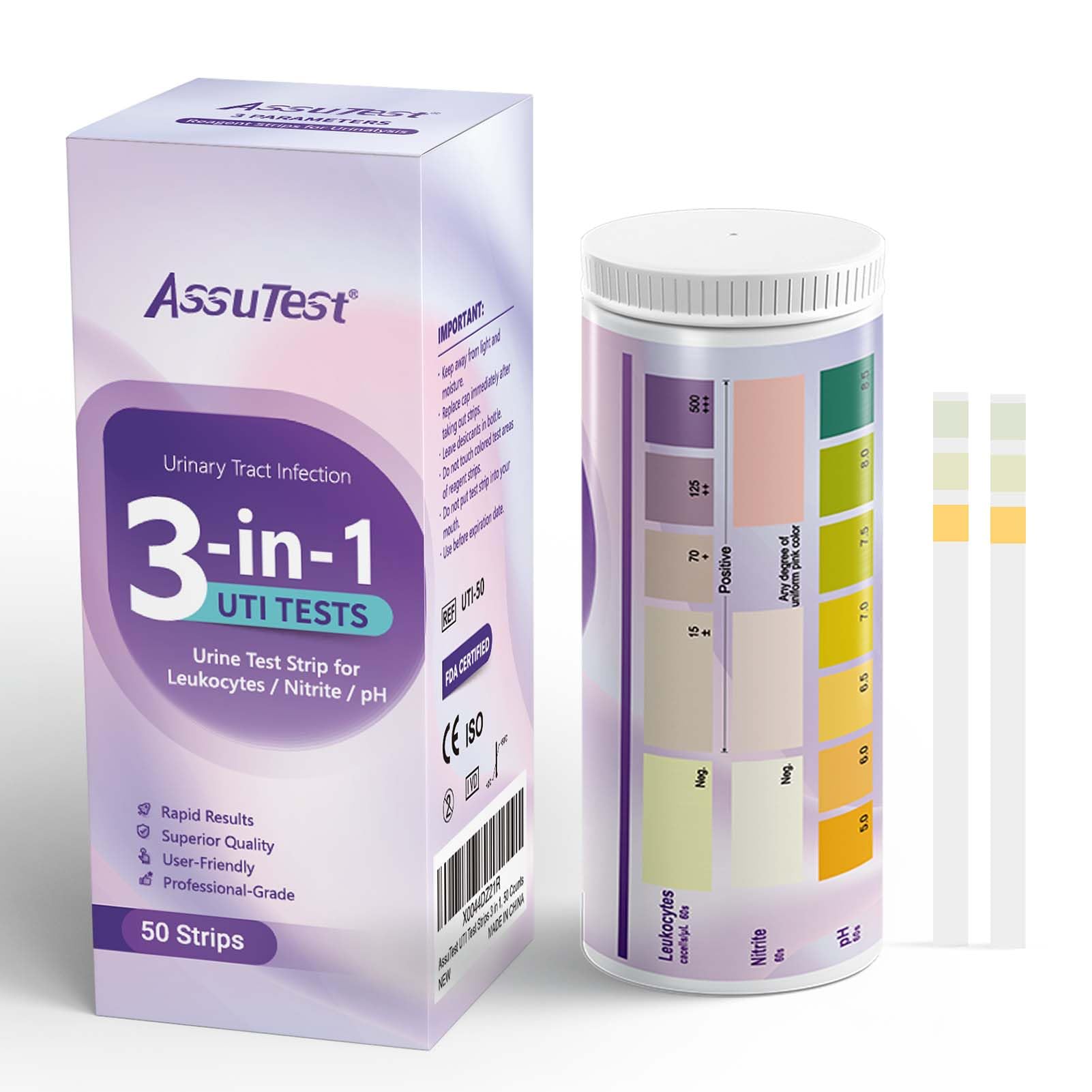 AssuTest UTI Test Strips: caja y tiras listas para lectura rápida en casa