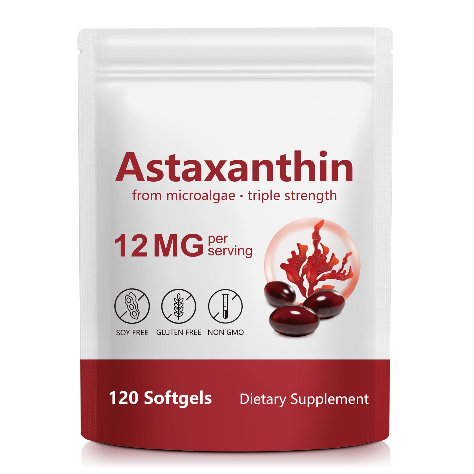Astaxanthin cápsulas en bote para apoyo ocular y articular.
