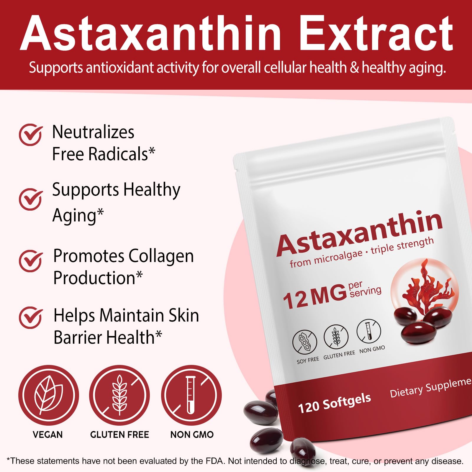 Etiqueta frontal de Astaxanthin con información clara del producto.