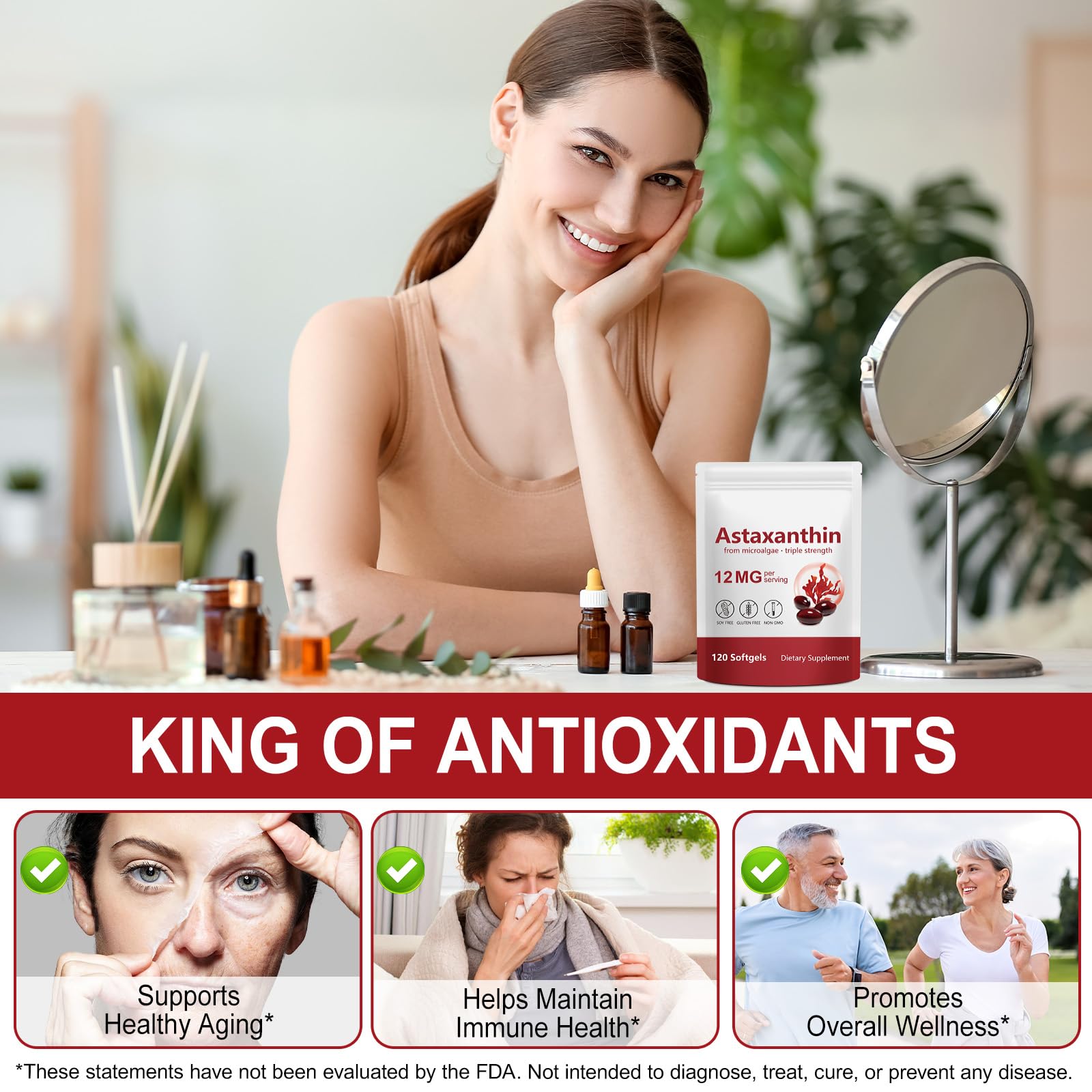 Ingredientes naturales de Astaxanthin sin alérgenos comunes.