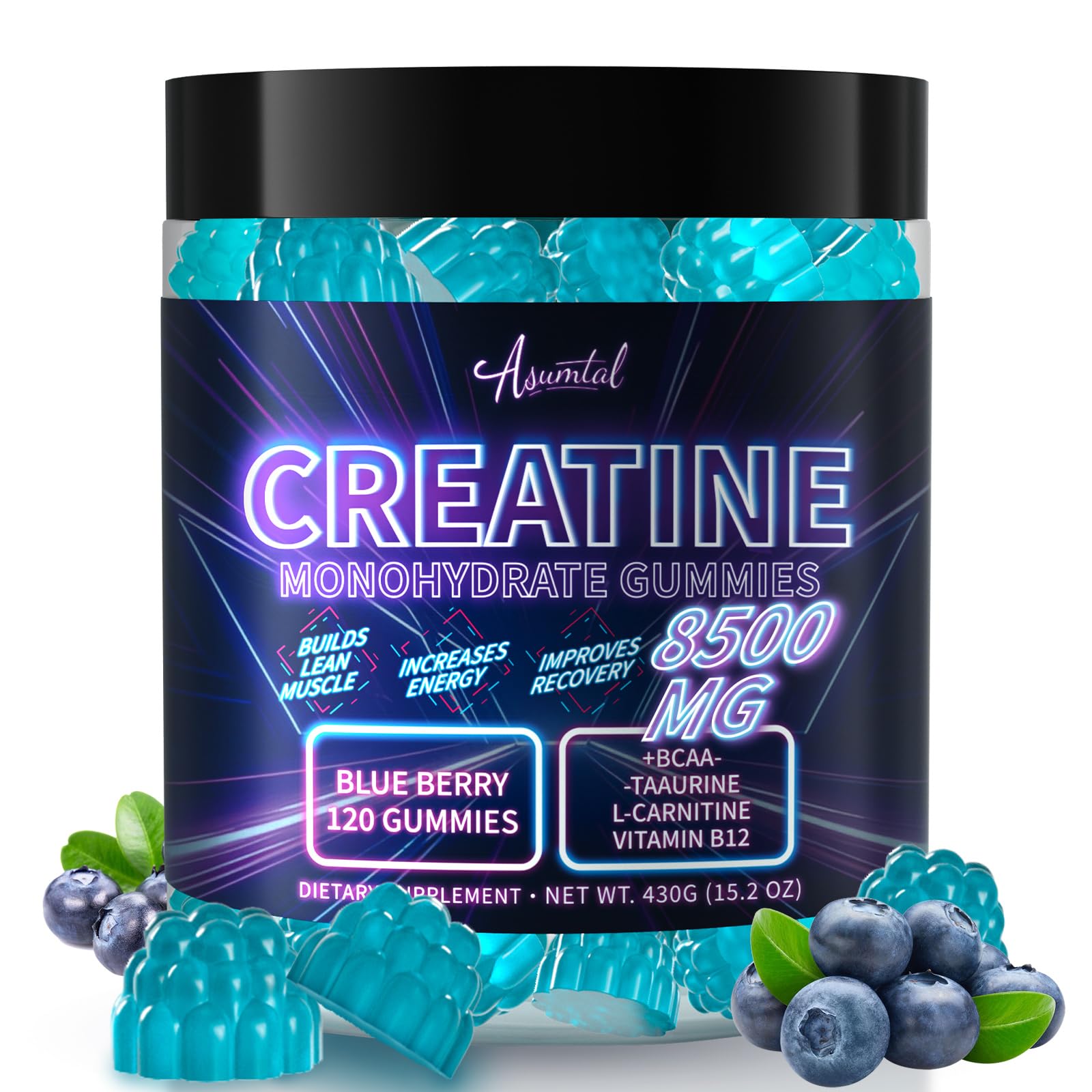 Asumtal Creatine Monohydrate Gummies en botella azul para energía y rendimiento sostenido