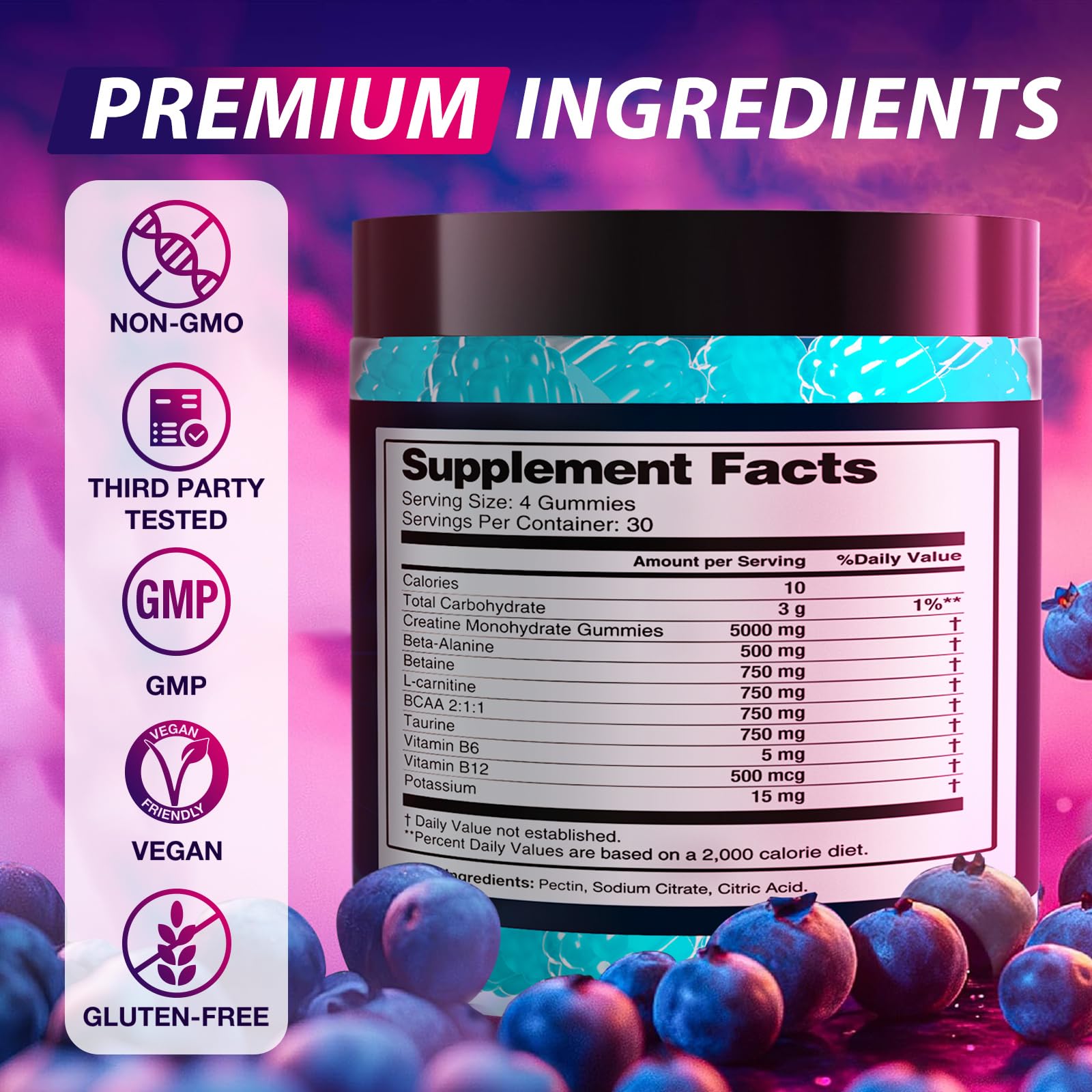 Asumtal Creatine Monohydrate Gummies adecuadas para pre-entrenamiento con sabor blueberry